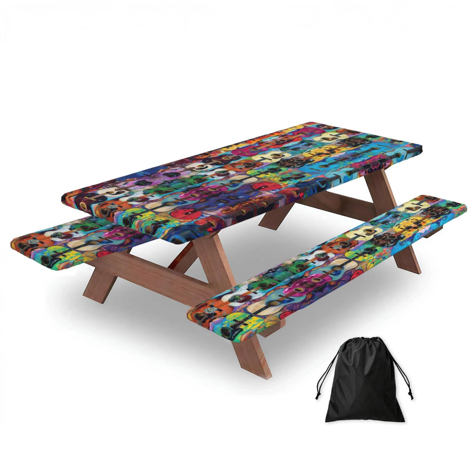Zyjhyy Black Color Acoustic And Guitars Print 3 Pack Wipeable Picnic Bench Cover And Table Cover Lightweight Table Cloth For Camping Outdoor
