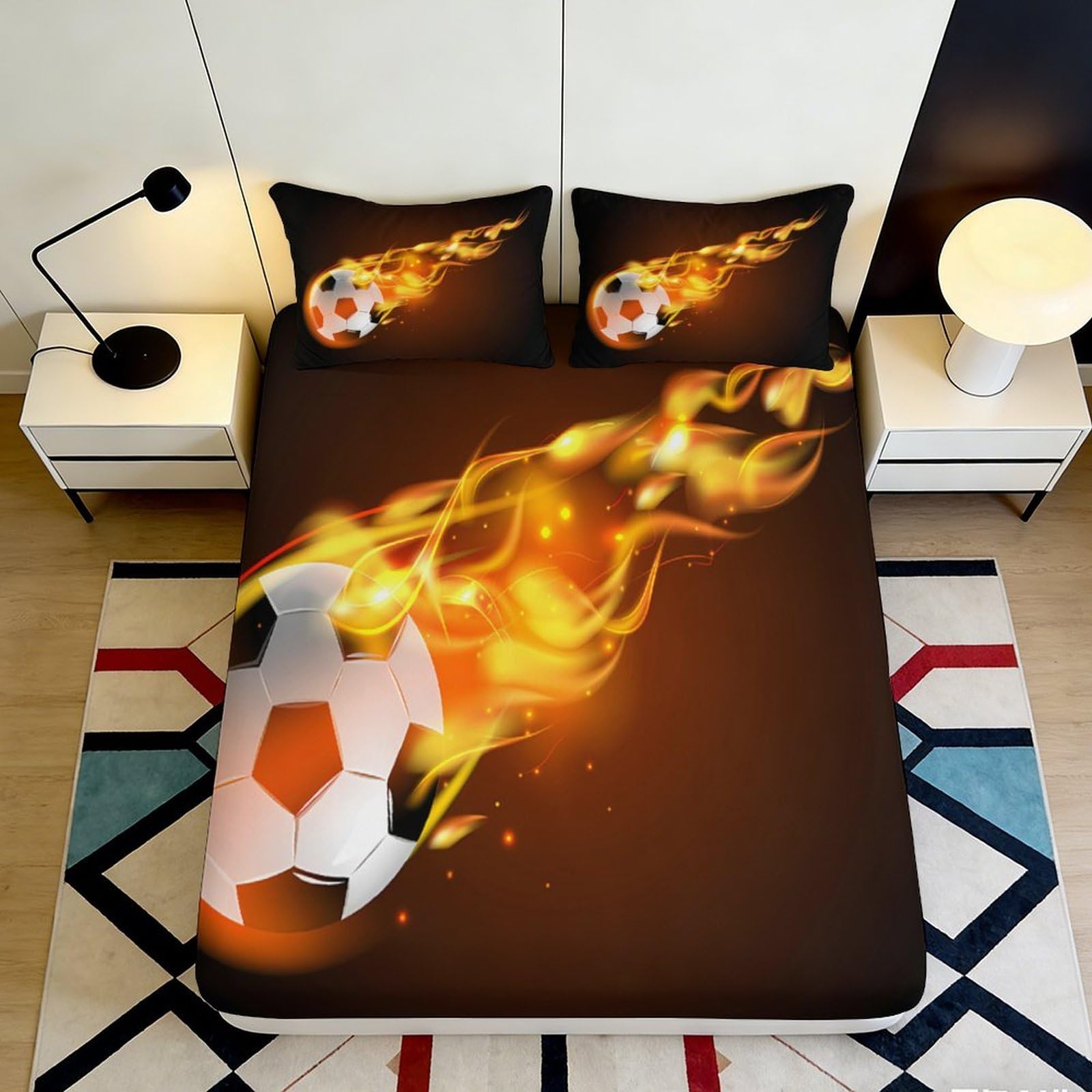 3D Printed Fire Soccer Fitted Sheet Microfiber Soft Breathable Flaming Football Bed Cover for Bedroom Dorm Mattress Decor 90x200x25cm