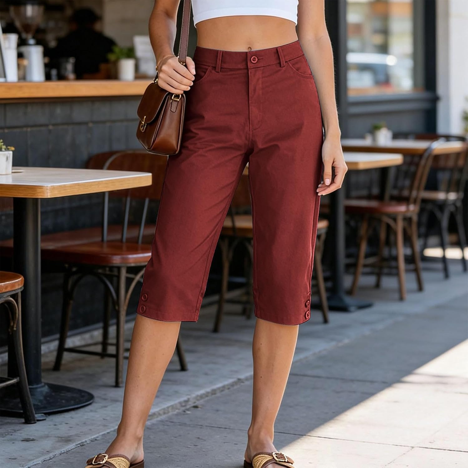 Capri Pants for Women with Pockets Button Cargo Cropped Summer Pant Casual Straight Leg Long Bermuda Knee Length