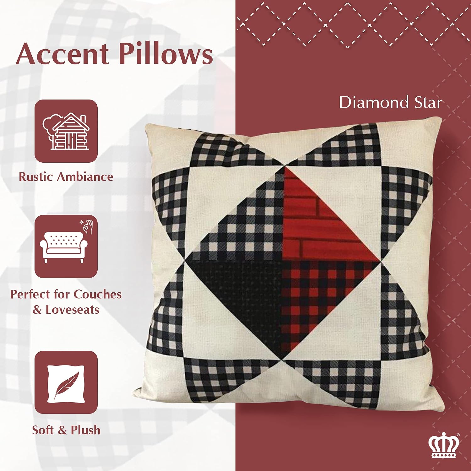 Virah Bella Throw Pillow Diamond Star - 18" x 18" Decorative Accent Pillow - Cabin & Farmhouse Couch Décor