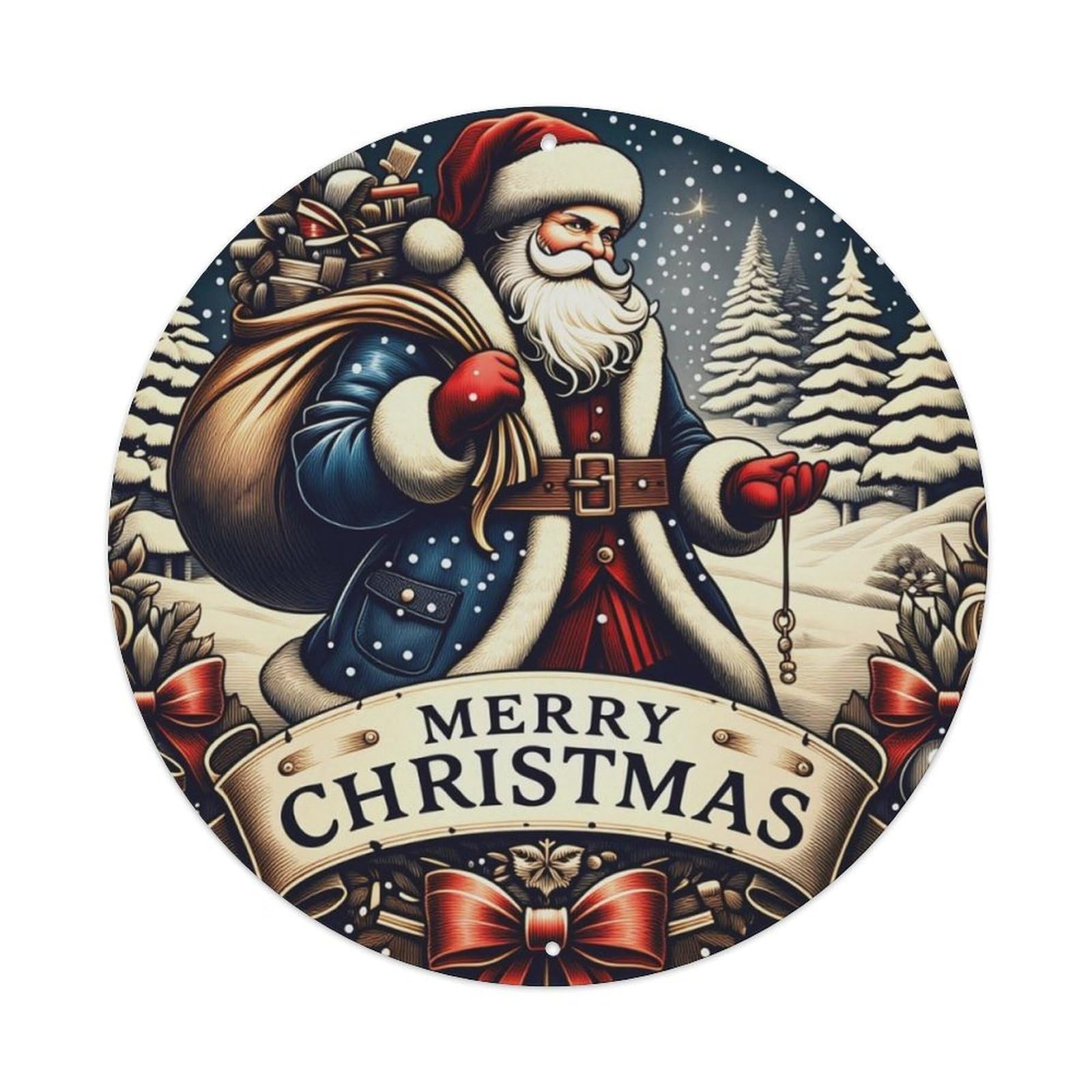 Vintage Winter Forest Santa Claus Christmas Round Sign Vintage Aluminium Metal Sign, Retro Wall Decor for Home, Bar, Garage & Farmhouse 20x20cm
