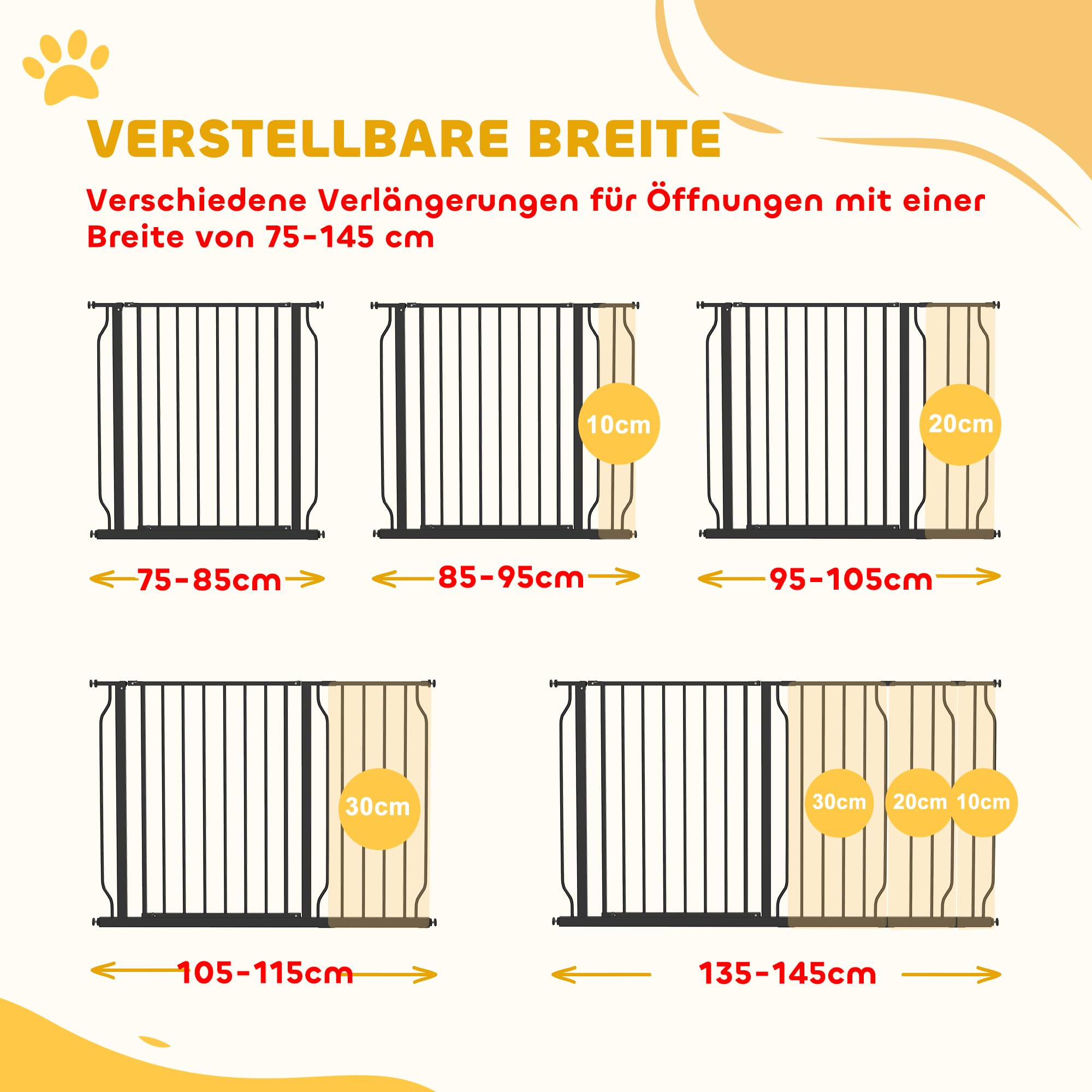 PawHut Bramka drzwiowa z przedłużką 10/20 cm na 75-145 cm Biała