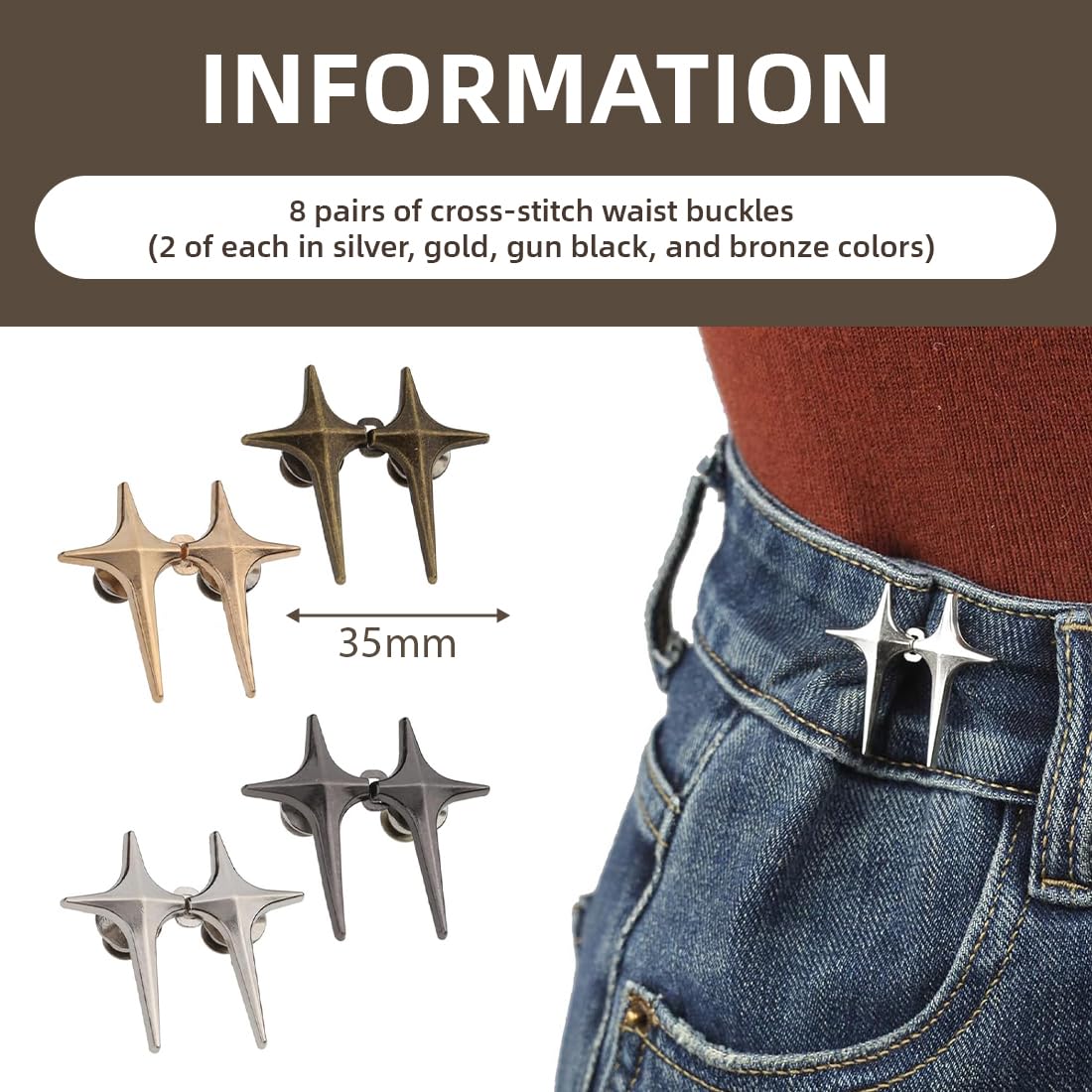 16 Paia Di Bottoni Regolabili Per Jeans A Stella – Clip Stringi Vita Senza Cucire, Per Pantaloni E Gonne (Argento, Oro, Nero, Bronzo)