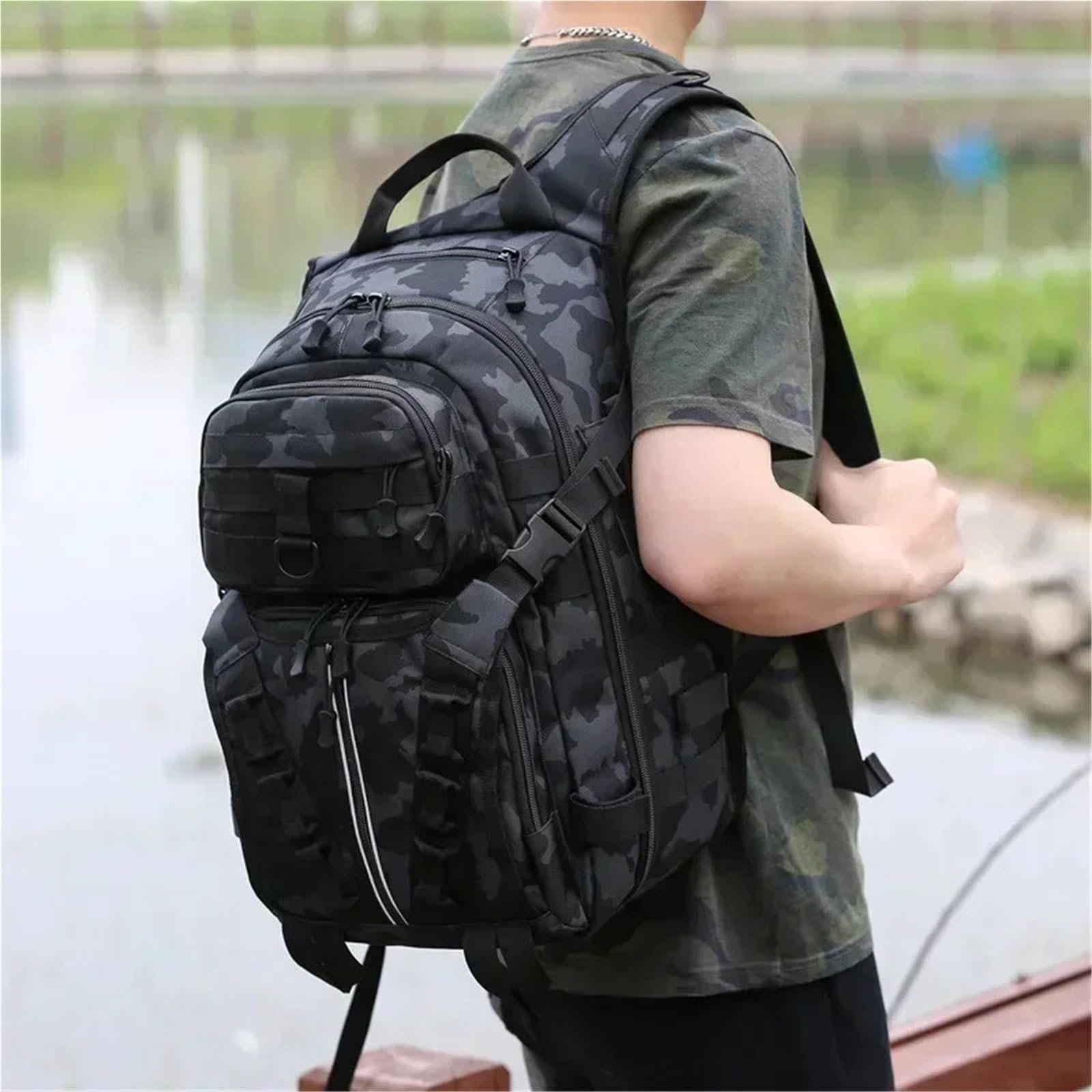 Sac De PêChe Hommes pêche leurre Canne boîte Sac Camping Escalade Sac à Dos Multi-Fonction Hommes Sacs pêche Sac à bandoulière(Blue)