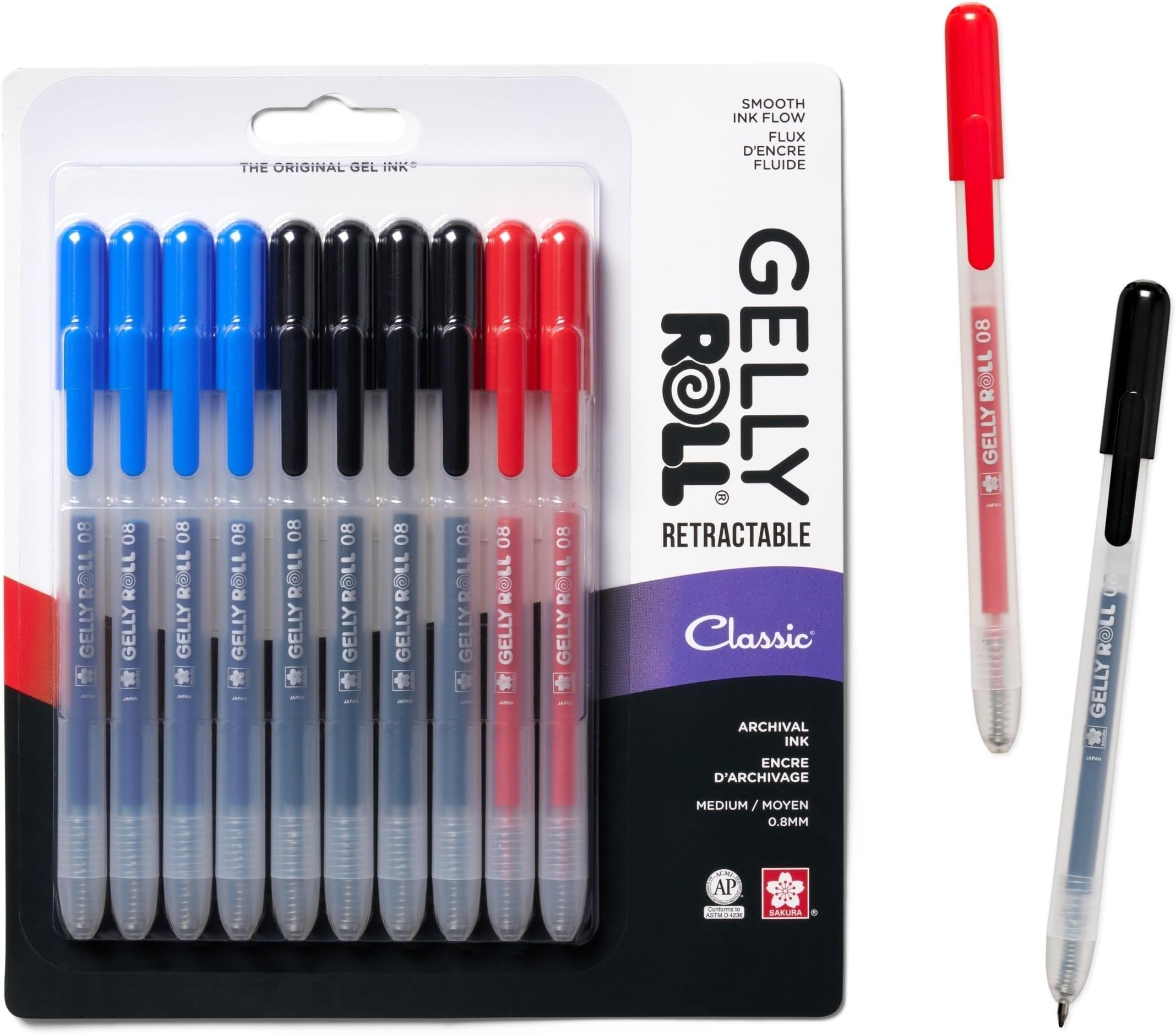 Gelly Roll Retractable Gel Pens Colored - Classic Color Set - Medium Point Ink Pen for Journaling, Art, or Drawing - Colored Gel Pens with Black, Blue & Red Ink - 10 Pack