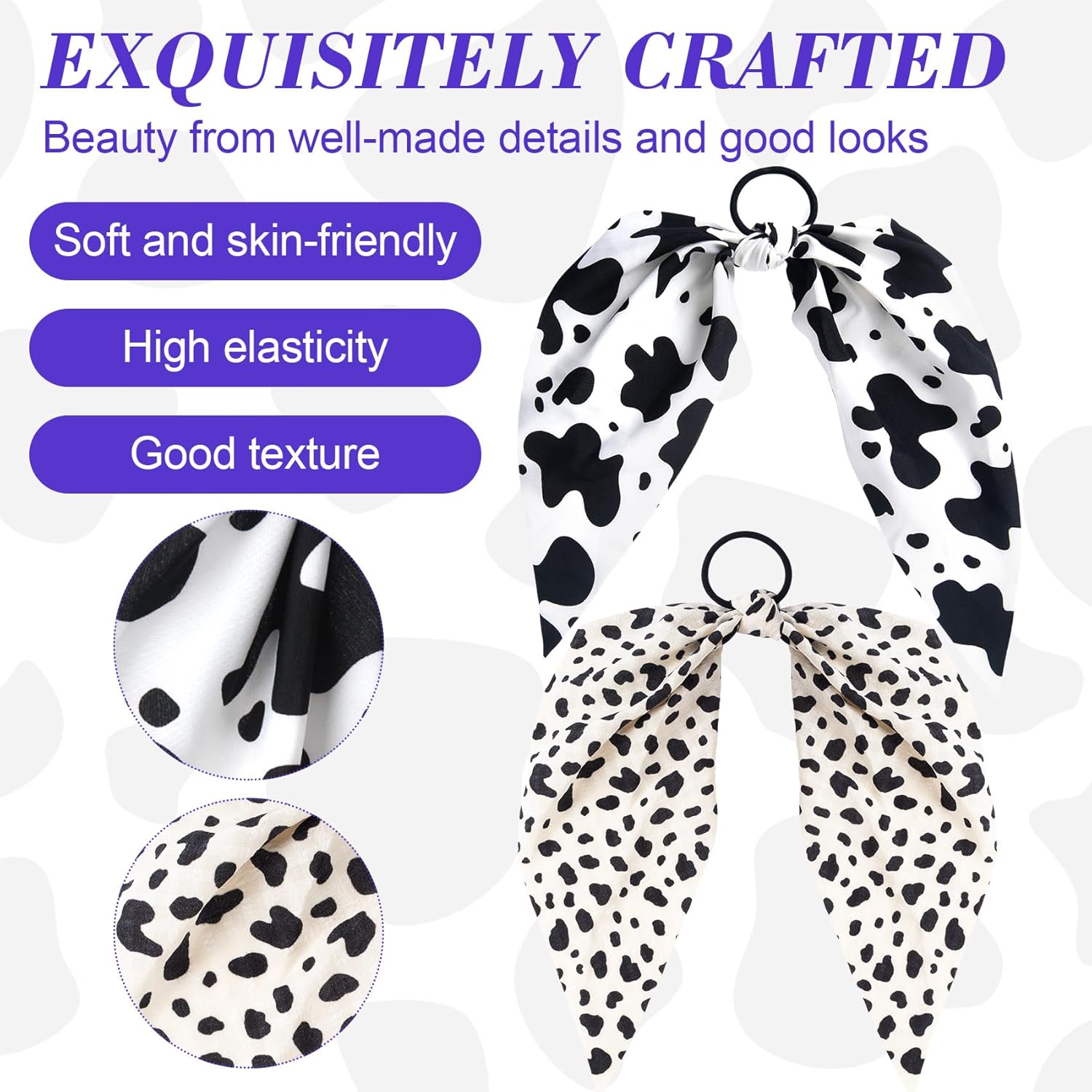 2pcs Cow Print Hair Band for Women, Non-Slip Spotted Rabbit Bunny Ear Bow Hair Tie Ropes, Bowknot Elastic Ponytail Holder Hair Scrunchies Accessories for Curly Straight Thin Thick Fine Hair - Image 3