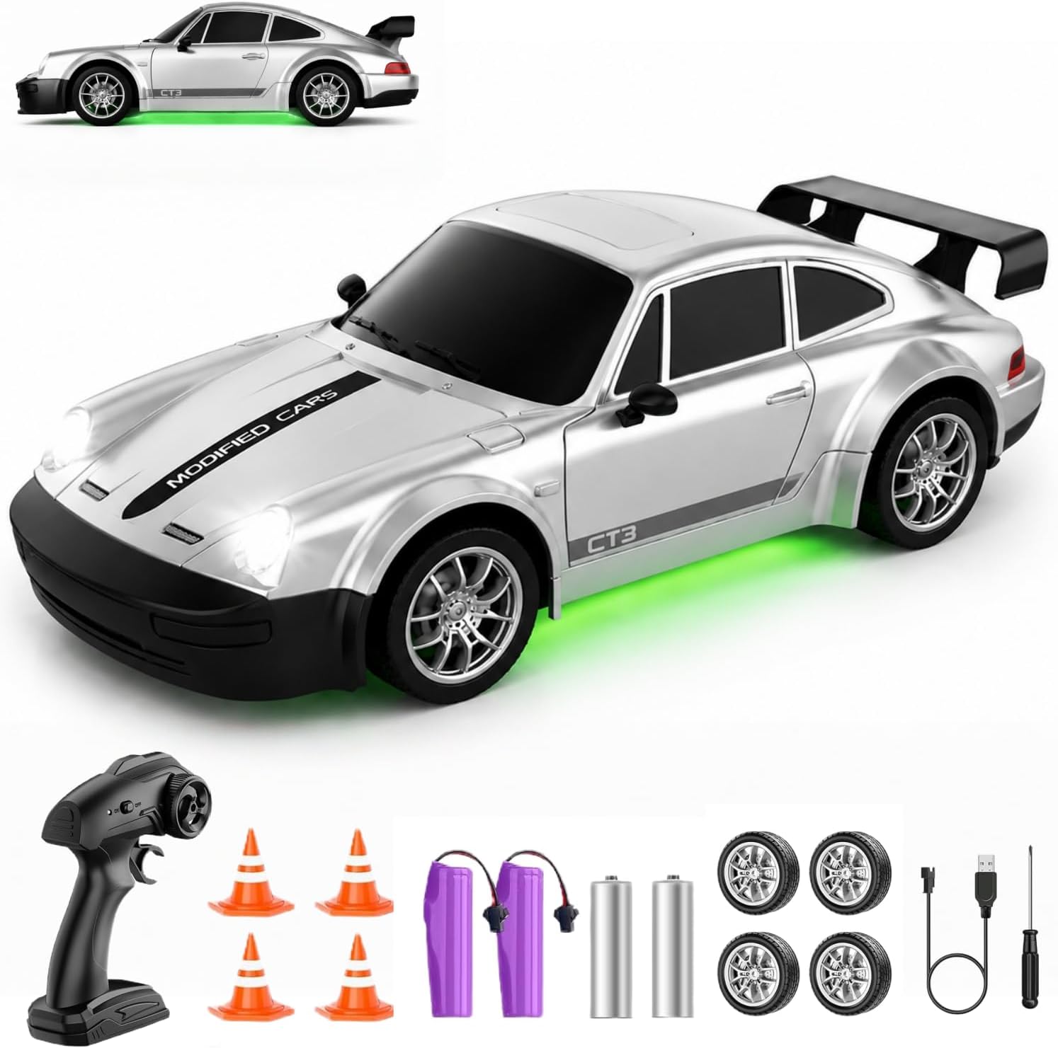 RC Drift Car 1:24 Scale, 4WD Remote Control Car with LED Lights 20KM/H High Speed, Dual-Mode Racing & Drifting Toy Car with 2 Batteries, Gift for Kids & Adults, Silver