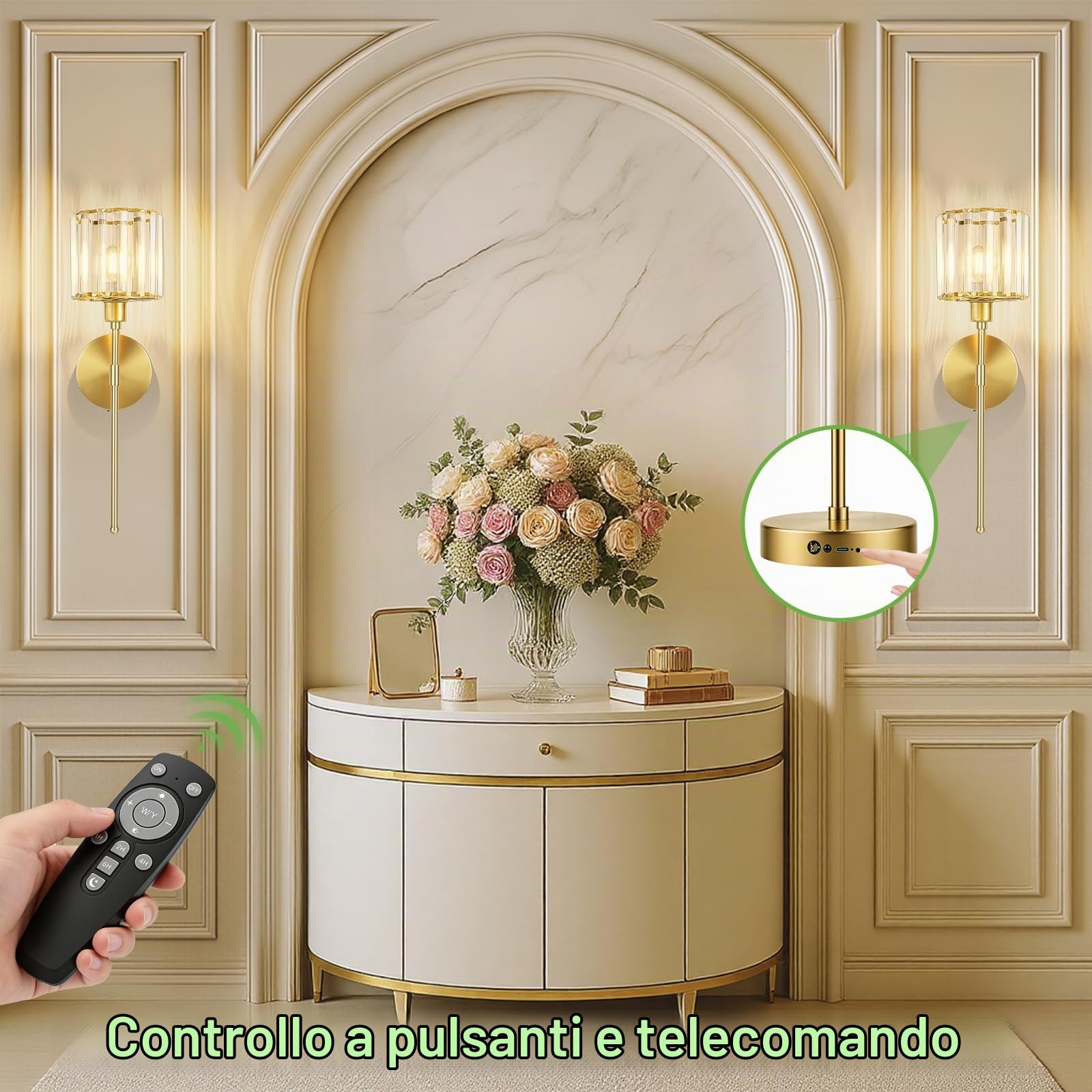 Kimjo Applique da Parete Interno LED, Dorata Lampada da Parete Ricaricabile | Applique Ricaricabile da Parete in Cristallo, 2 Pezzi Moderno Lampada da Parete Senza Fili, USB-C Dimmerabile Lampada da Muro