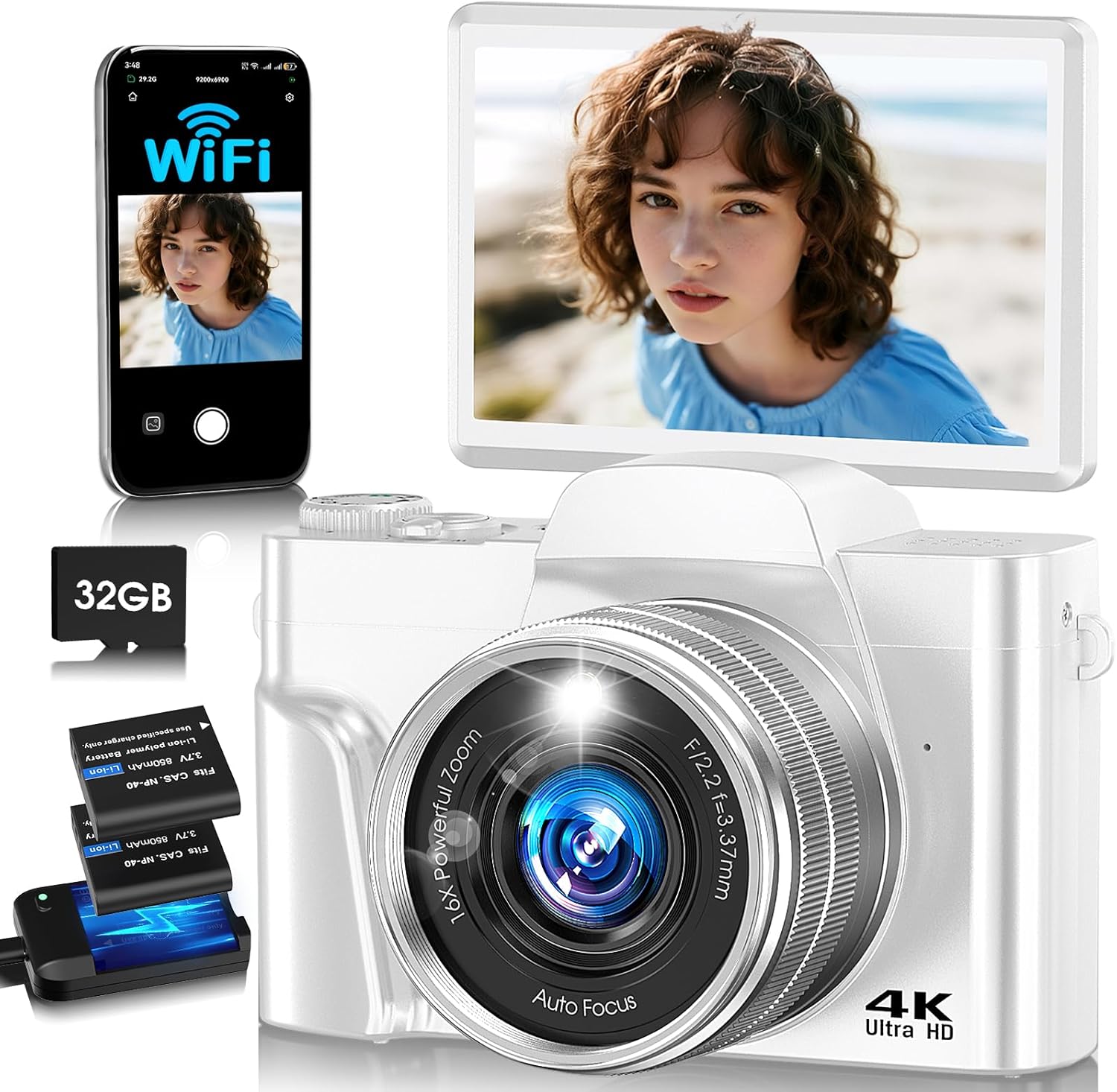 4K Digital Camera for Photography with WiFi,64MP Autofocus Vlogging Camera for YouTube,3'' 180° Flip Screen Compact Travel Camera for Teens with 32GB SD Card,16X Zoom,Anti-Shake,2 Batteries(White)