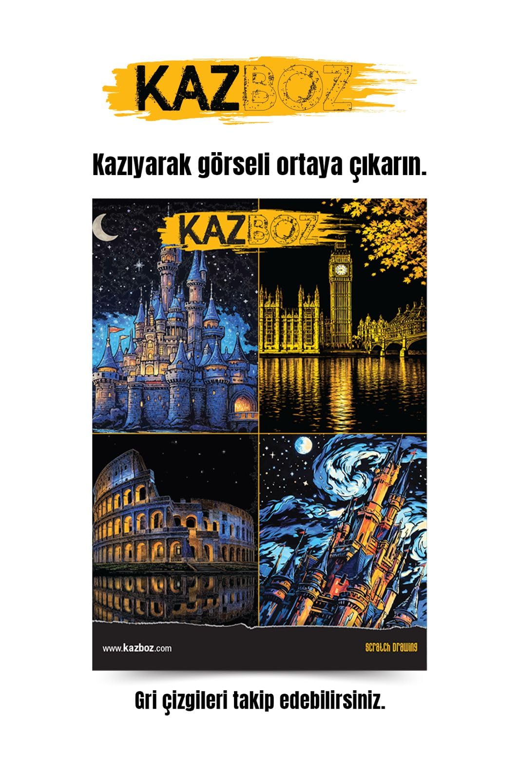 Kazboz Kazıma Sanatı Seti, Kale ve Tarihi Yapılar Temalı, 20x28.5 cm, 4 Farklı Tasarım