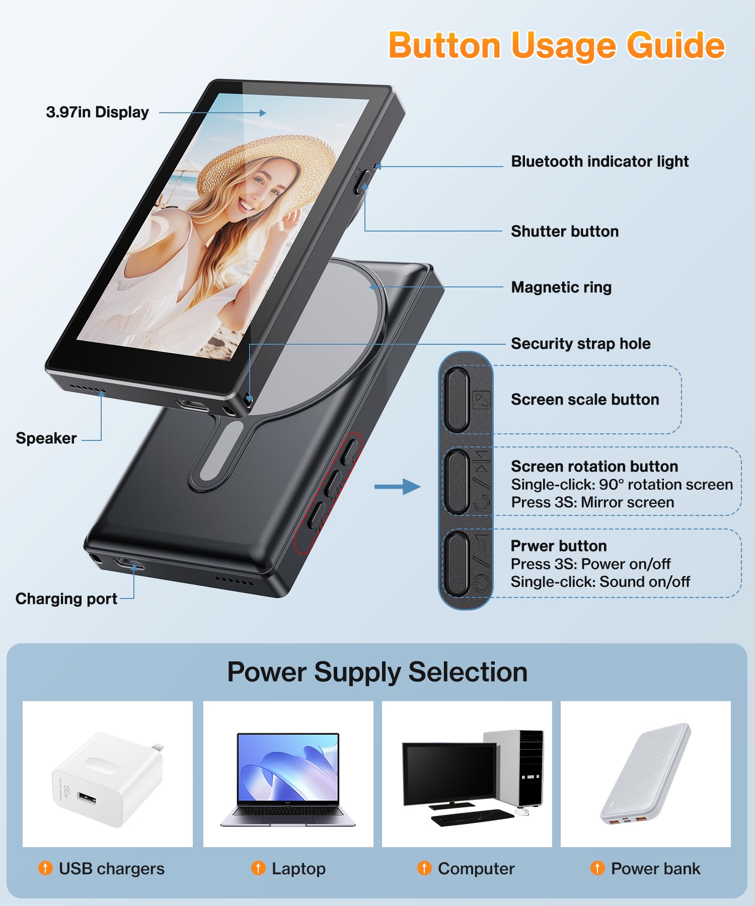 Phone Vlog Selfie Monitor Screen, Axrye Caméra arrière sans fil 1080P avec fixation magnétique et télécommande, haut-parleur intégré, compatible avec iOS, Android, YouTube, TikTok, streaming en direct