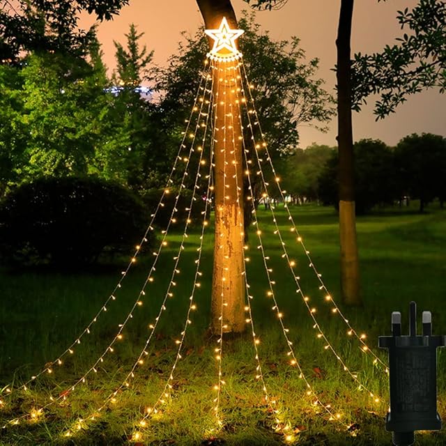 Toifucos Christmas Decoration Star Lights Outdoor, 350 LED 16.4Ft Christmas Tree Lights with Topper Star - 8 Modes Waterproof Waterfall Tree Lights with Plug in for Xmas New Year Decor (Warm White)