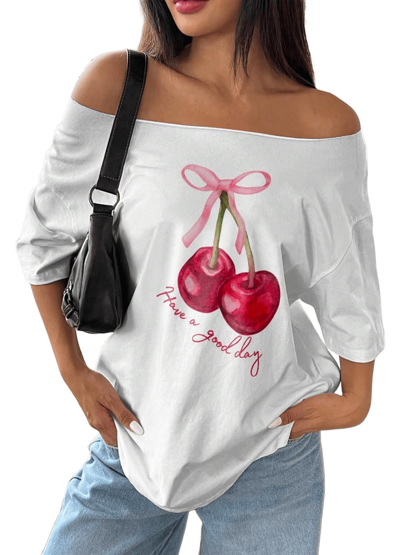 SXV Women Off-Shoulder Cherry Bow Print Simple Casual T-Shirt Graphic Tees Women Tops (in, Alpha, L, Regular, White)