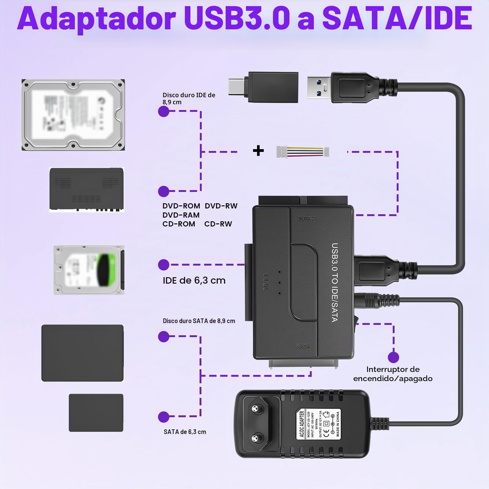 Adaptador Lector Discos Duros USB3.0 5Gbps para 2,5'' y 3,5'' IDE y SATA HDD/SSD, Conversor Adaptador de Disco Duro USB3.0 a IDE/SATA Soporta Windows/Linux/MacOS para CD-ROM/CD-RW/DVD-RW