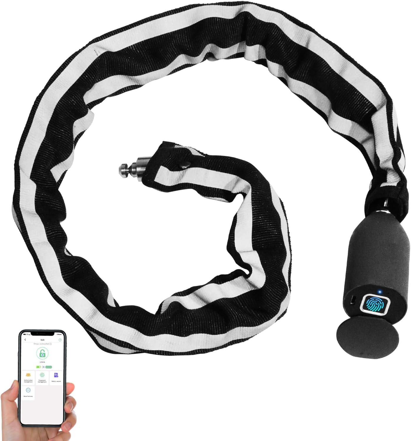 63000N Heavy Duty Anti Theft Chain Lock, 3.3FT Long Keyless Fingerprint Biometric Bluetooth App Electronic Digital Waterproof Lock for Bike Scooter Motorcycle Outdoor Fence Gate - Grey