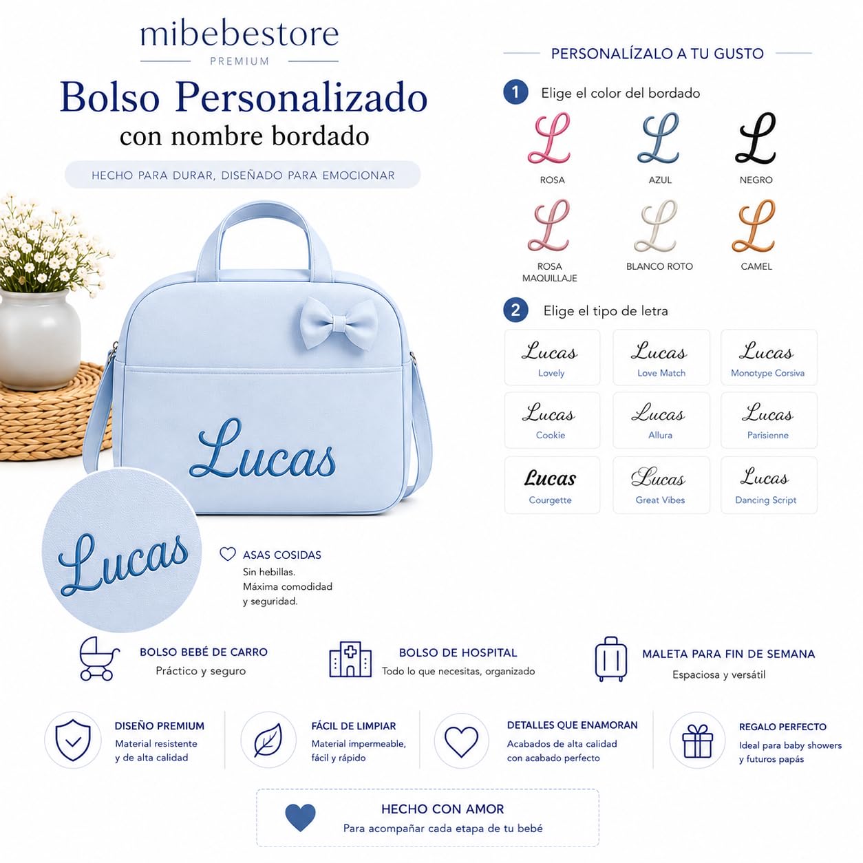 mibebestore Bolso Carro Bebe Personalizado con Nombre Bordado Bolsa para Silla Paseo de Polipiel Impermeable 40x27x20 cm Organizador de Carrito Hecho a Mano en España Regalo Nacimiento Recién Nacido