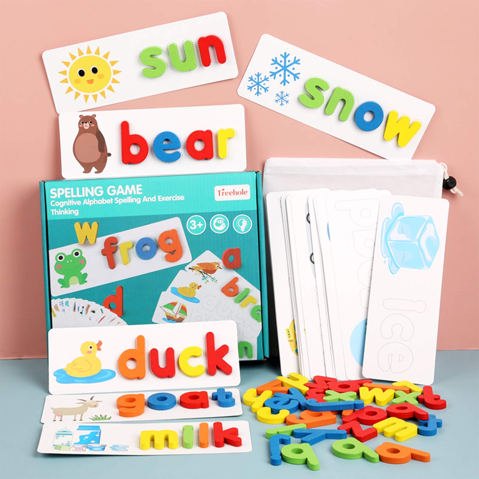 Early See and Spell Learning Toys Visual Training English Word Spelling Enlightenment Jigsaw Toy 28 Double-Sided Flash Cards and 52 Wooden Alphabet Blocks Ideal for 3 Year Old Girls Boys