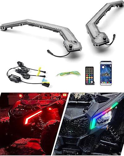 Chelhead Luces LED X3 de colmillos RGB, control remoto por aplicación RGB, luz de giro, luz de persecución de color frontal compatible con Can Am