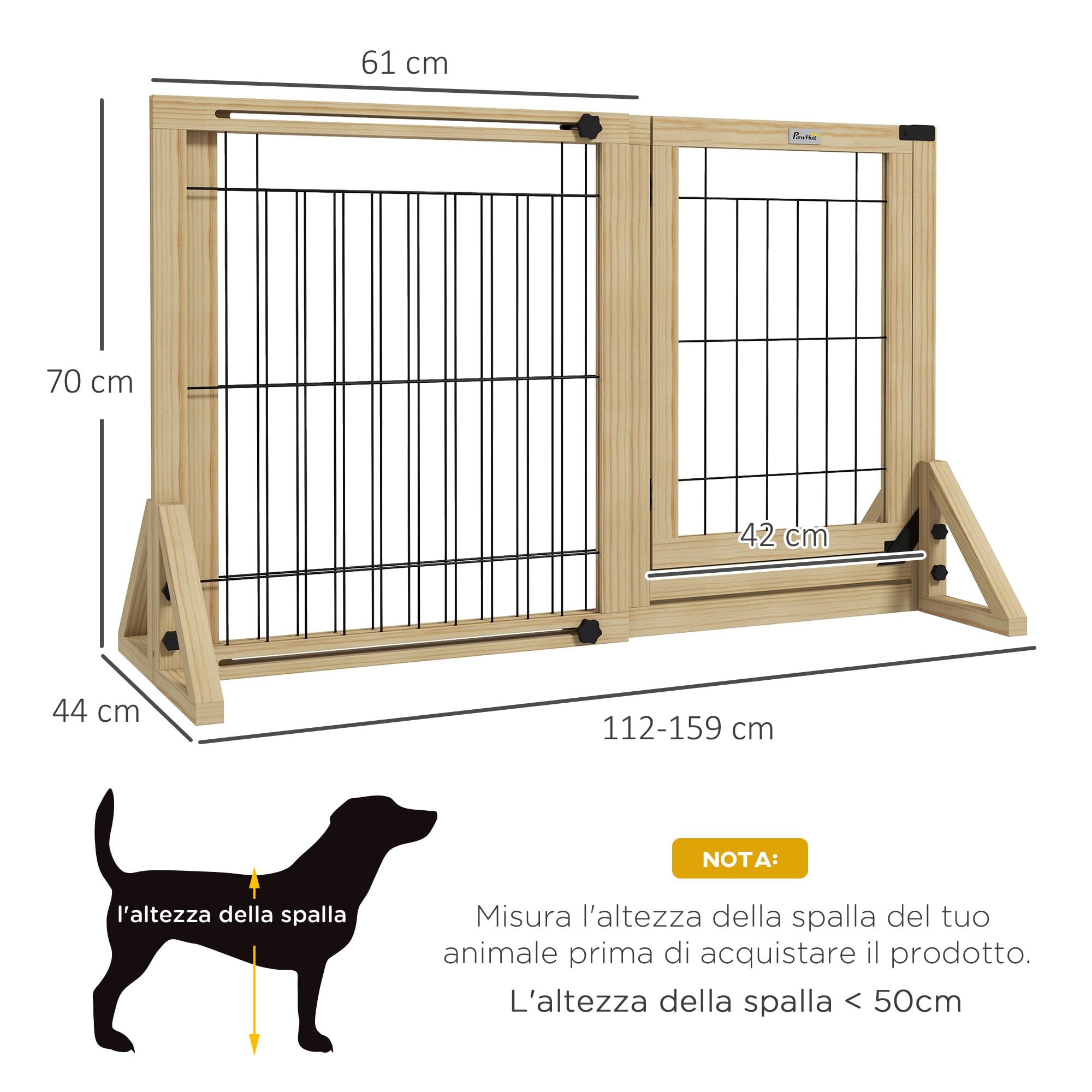 PawHut Cancellino per Cani Estensibile Porta 112-159x70 cm Legno Naturale | Cancelletto di Sicurezza per Animali e Cuccioli, 2 Pannelli, Piedini Triangolari