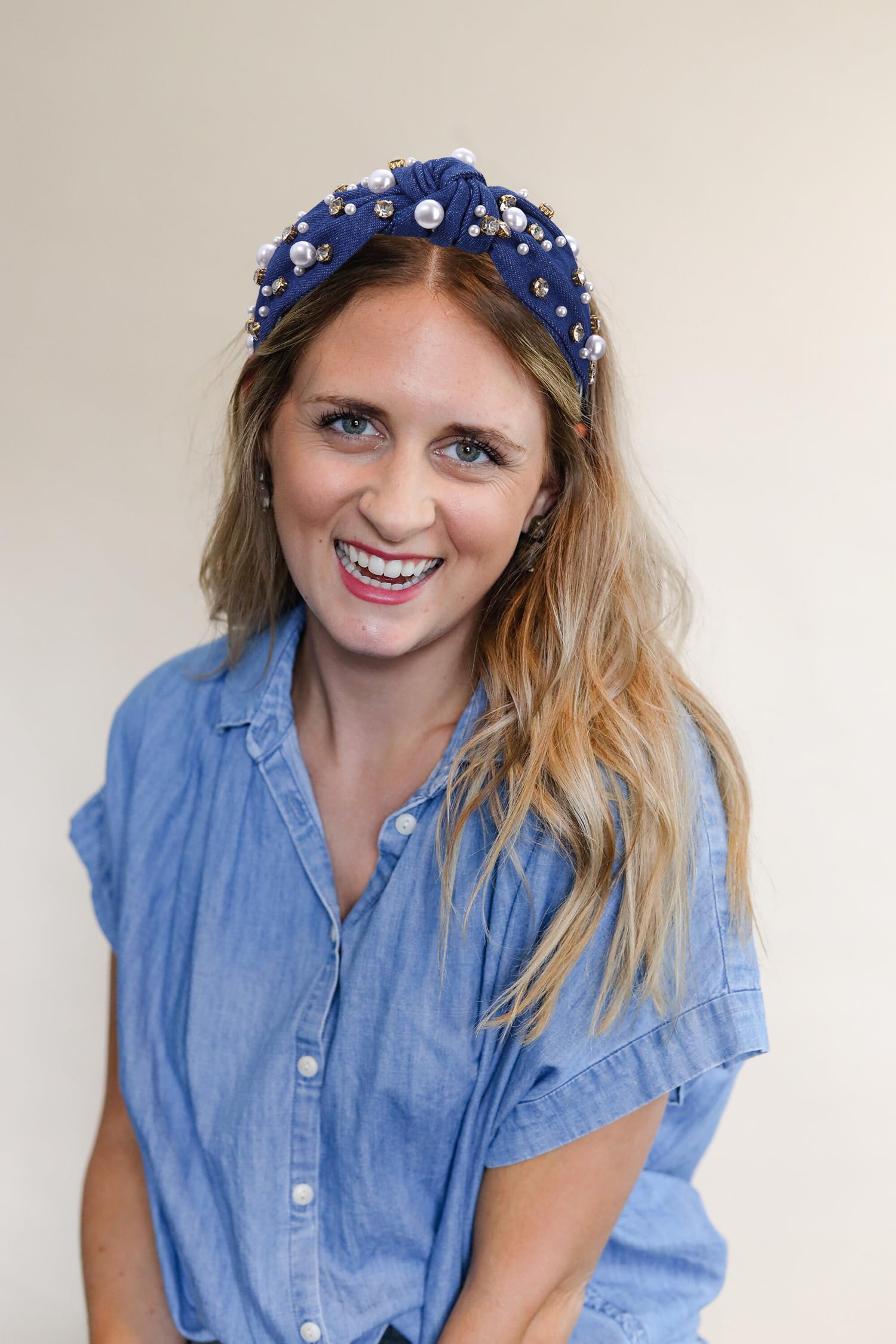 Fascia Per Capelli Annodata Con Perle E Cristalli: Accessorio Luccicante E Comodo Per Donna (Blu Chiaro)