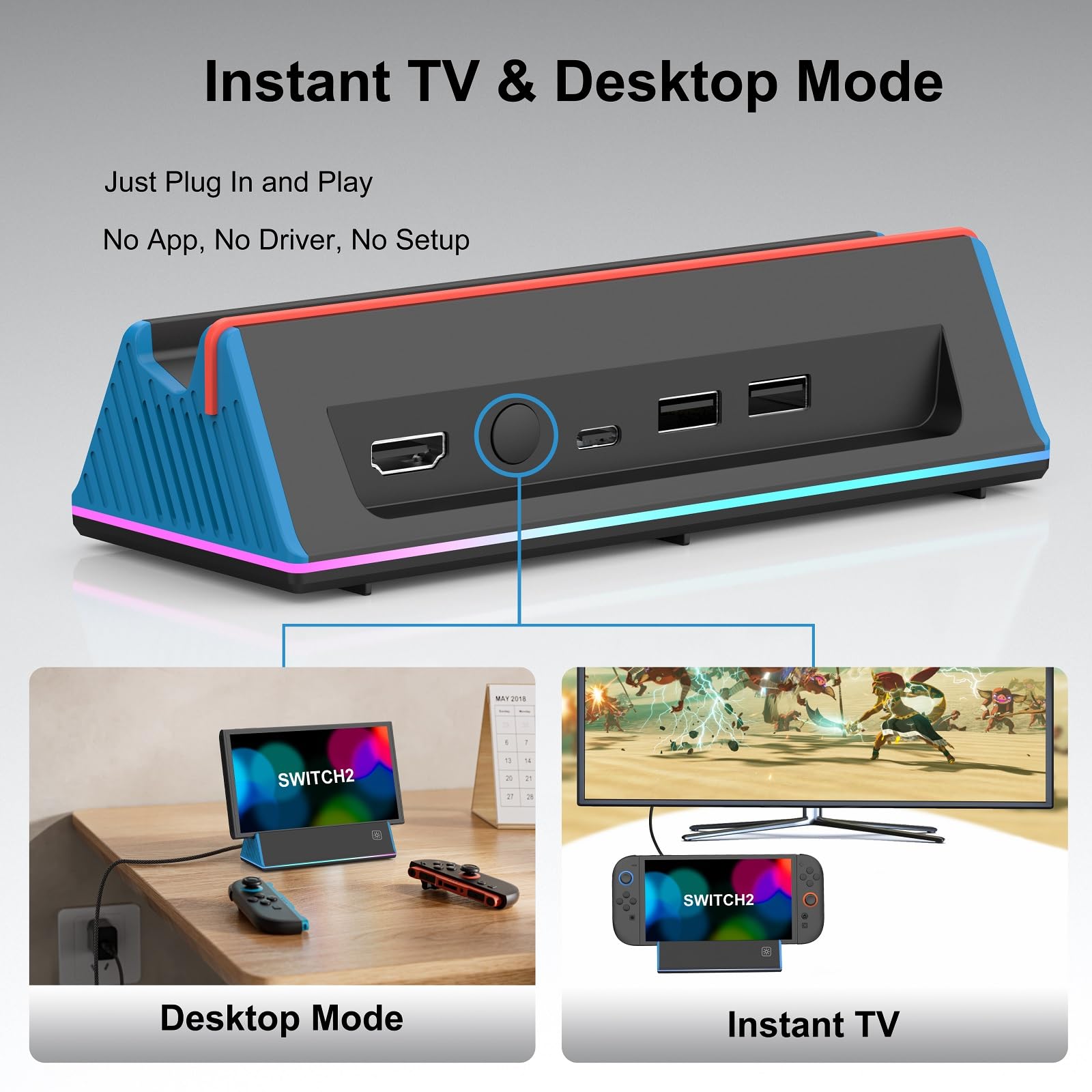 [Actualización 2026] Estación de acoplamiento Switch 2 con HDMI 2.1, HDR10+, soporte de refrigeración RGB, 2 puertos USB 3.0, actualización lista para viajar: alternativa oficial de la estación de