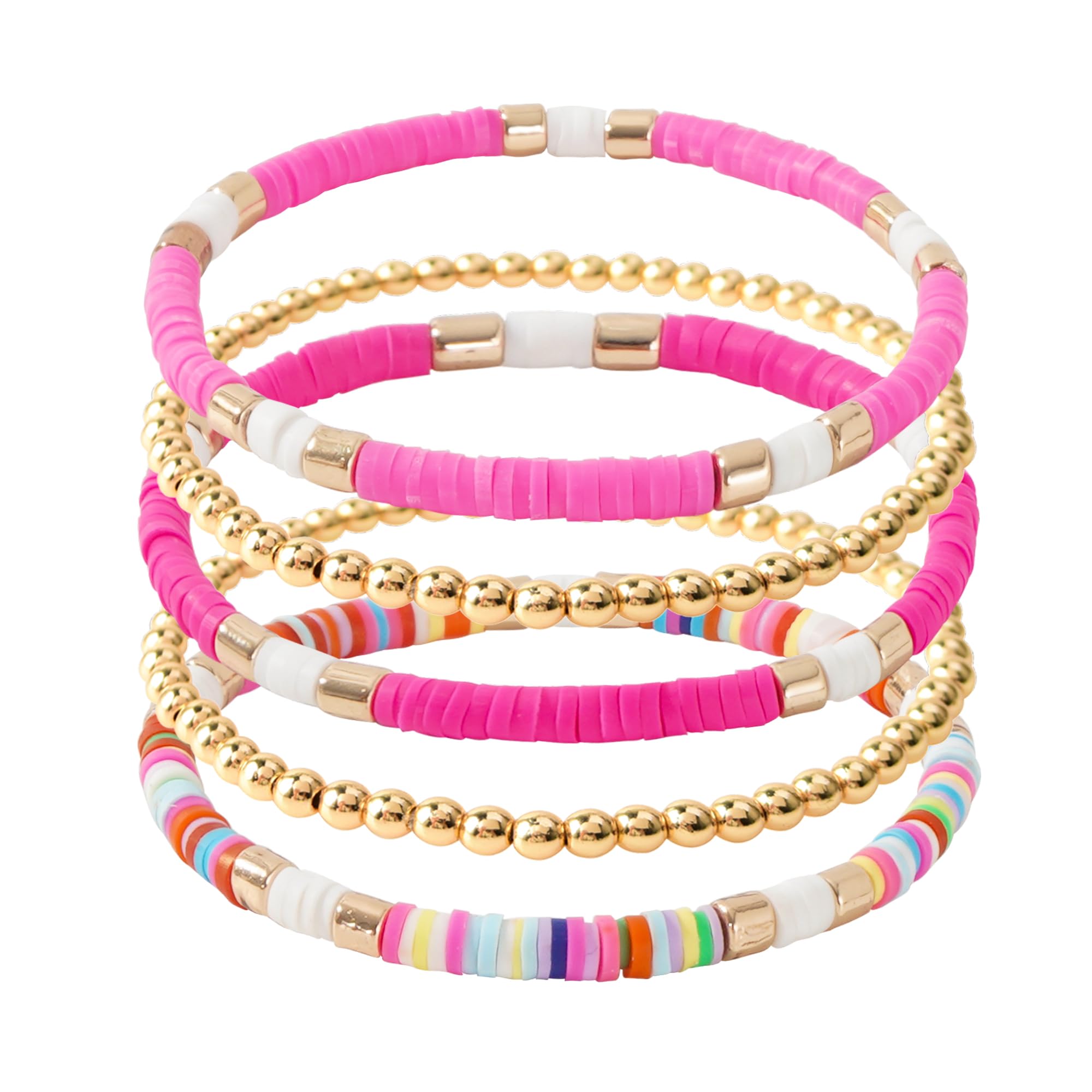 GOOJIDS Surfer Heishi Clay Bead Bracelets for Women Bohemian Stackable Gold Plated Beaded Stretch Bracelets Elastic Layering Friendship Bracelets Set