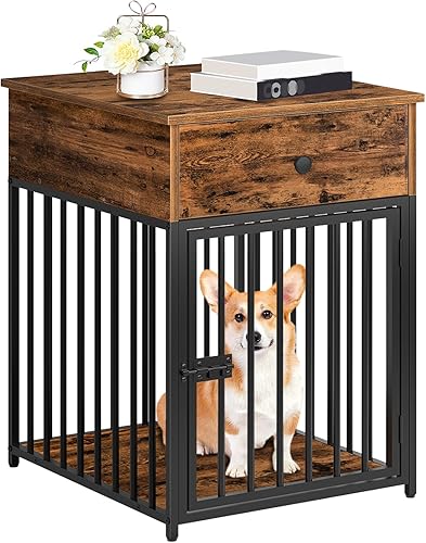 HOOBRO Muebles de jaula para perros, casa de madera para perros, perrera decorativa con cajón, mesa auxiliar de jaula de interior para perros