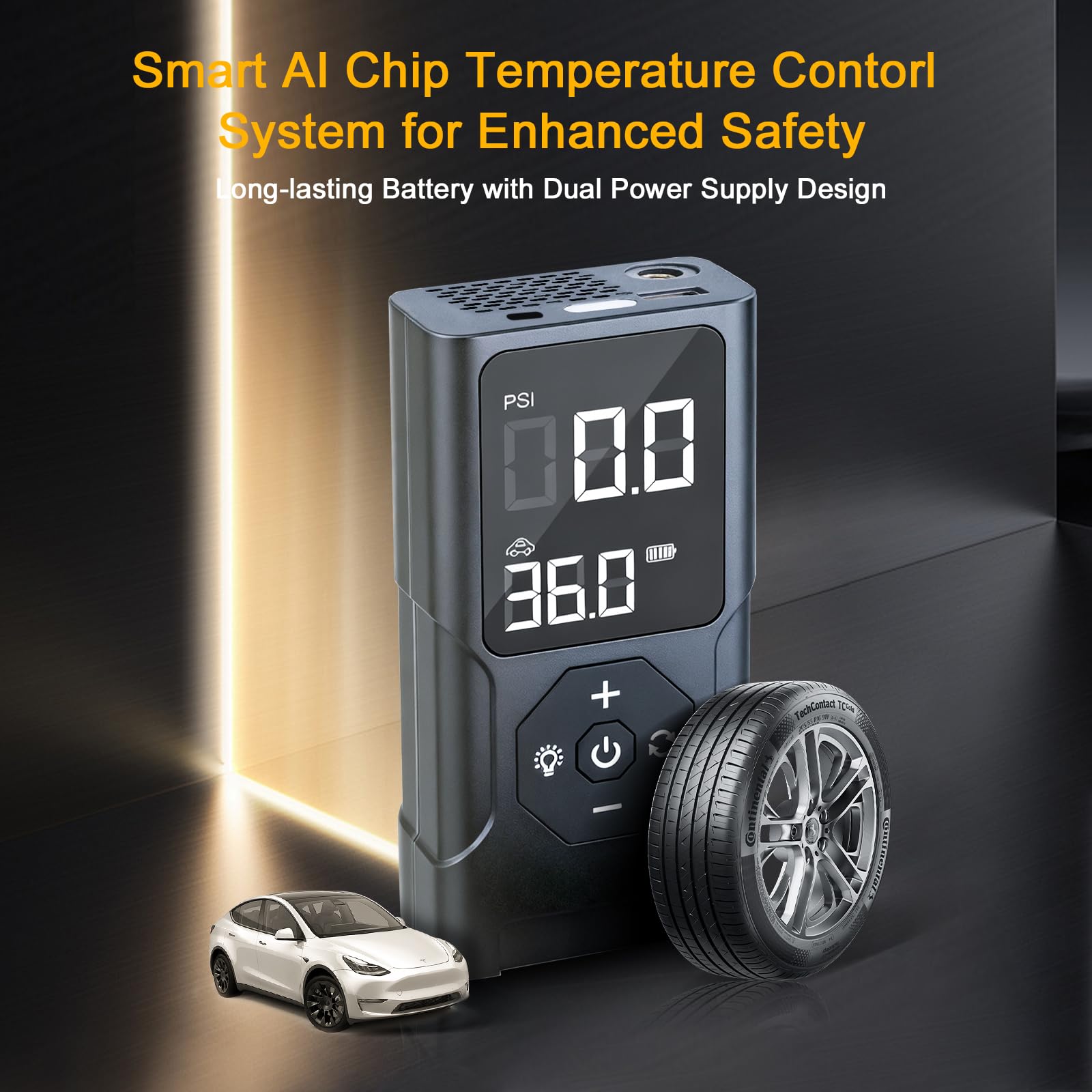 EFaith Compresseur À Air Portatif, gonfleur pneus voiture, Pompe À Velo Gonfleur Electrique, Gonfleur Pneu Sans Fil avec Batterie 3600mAh & 12V DC, LED et Arrêt Automatique Pour Voiture Vél Basket-bal