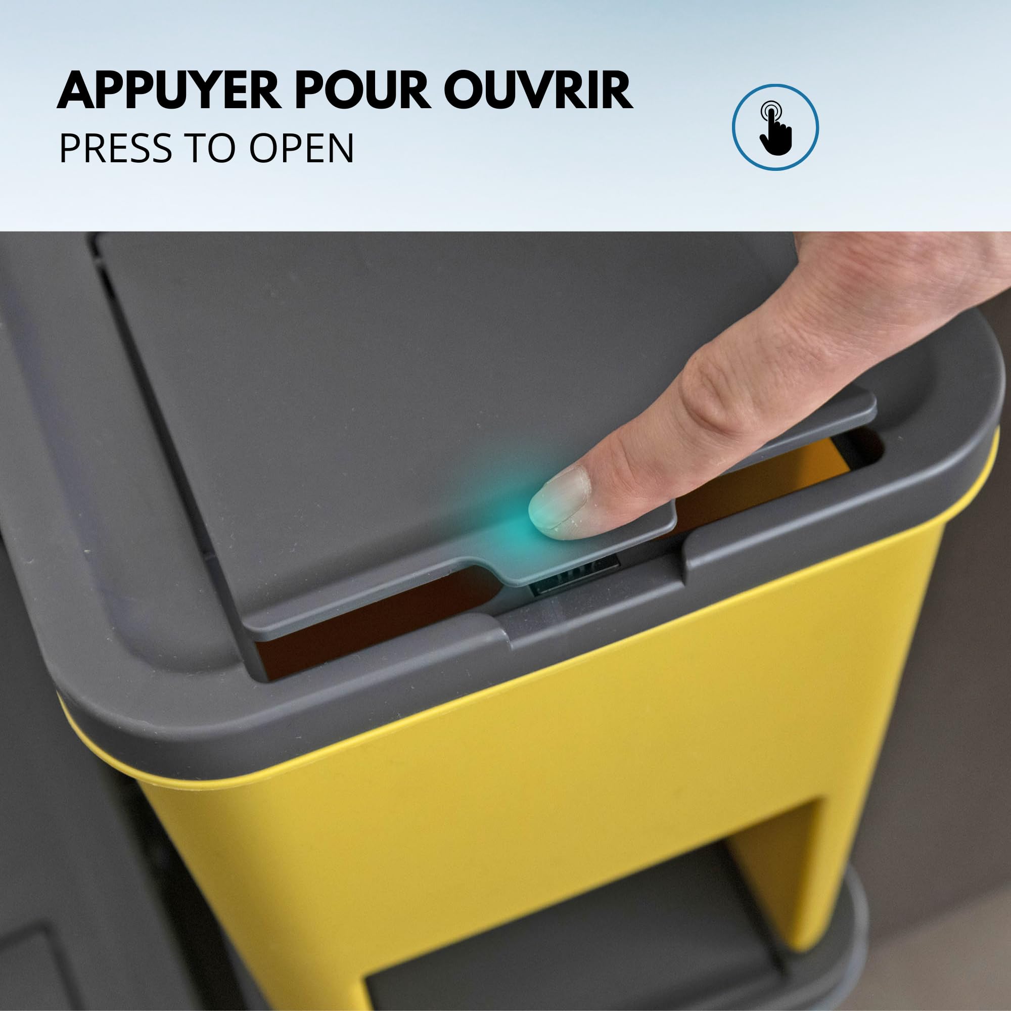 KITCHEN MOVE Bergen - Juego de 3 cubos apilables de 20L para reciclaje – 80L – Papelera de clasificación selectiva de plástico, colores amarillo, azul, verde y gris