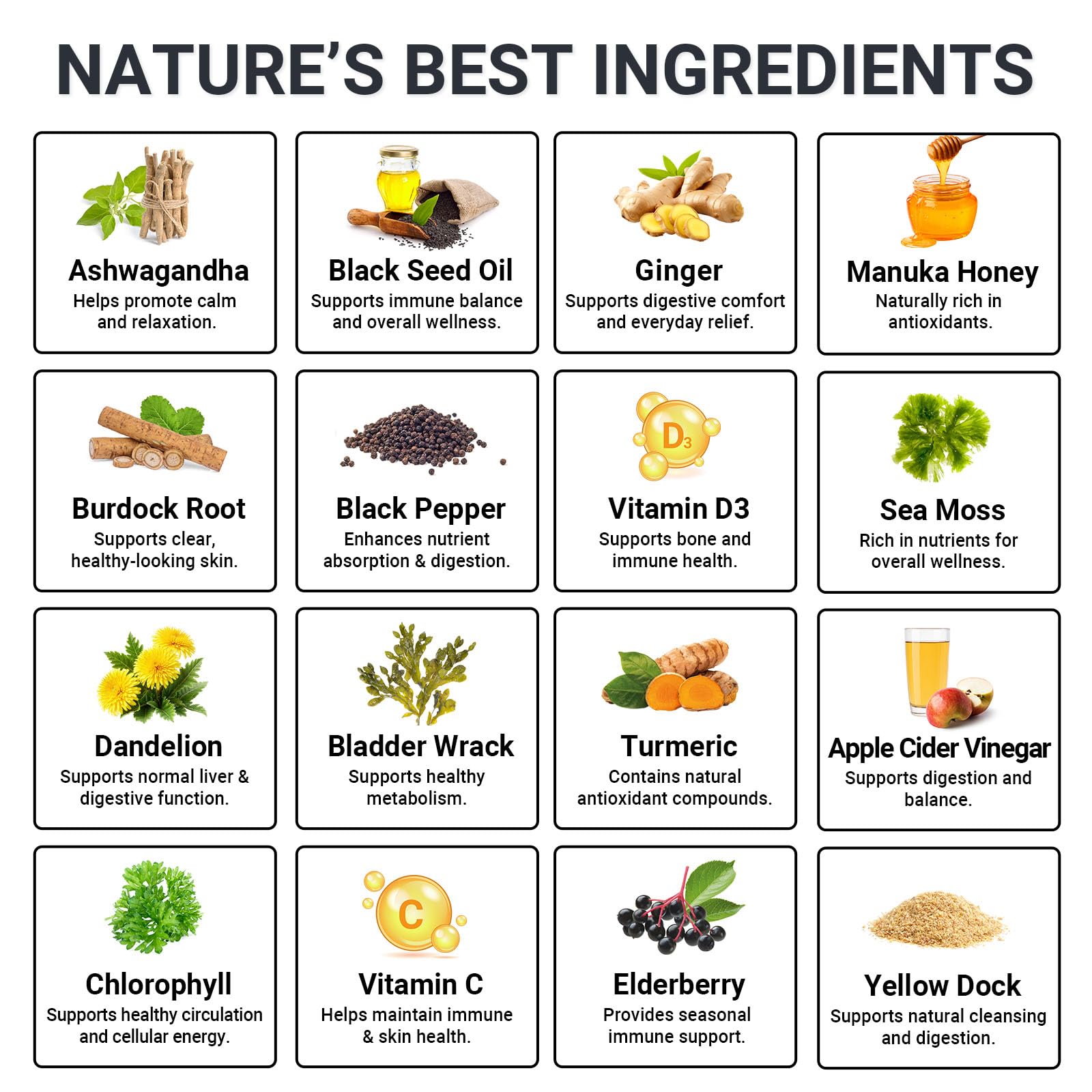 Sea Moss Gummies 16-in-1 - Ashwagandha Black Seed Oil Bladder Wrack Turmeric Vitamin C & D3 with Manuka Burdock Root Dandelion Yellow Dock Natural Detox & Liver Health Immune Support, Energy Boost — Amazon image 2