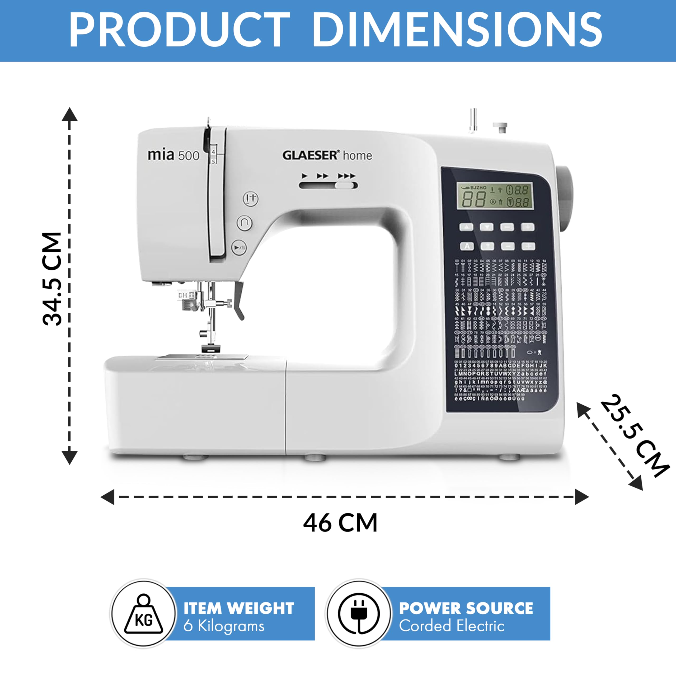 Digitale Nähmaschine GLAESER® home mia 500 300 Stich-Varianten Doppelnadel LED Display Einklappbarer Griff Einschnapp-Automatik Nähfuss Doppelnadel-Funktion Elektronische Start-Stopp-Funktion