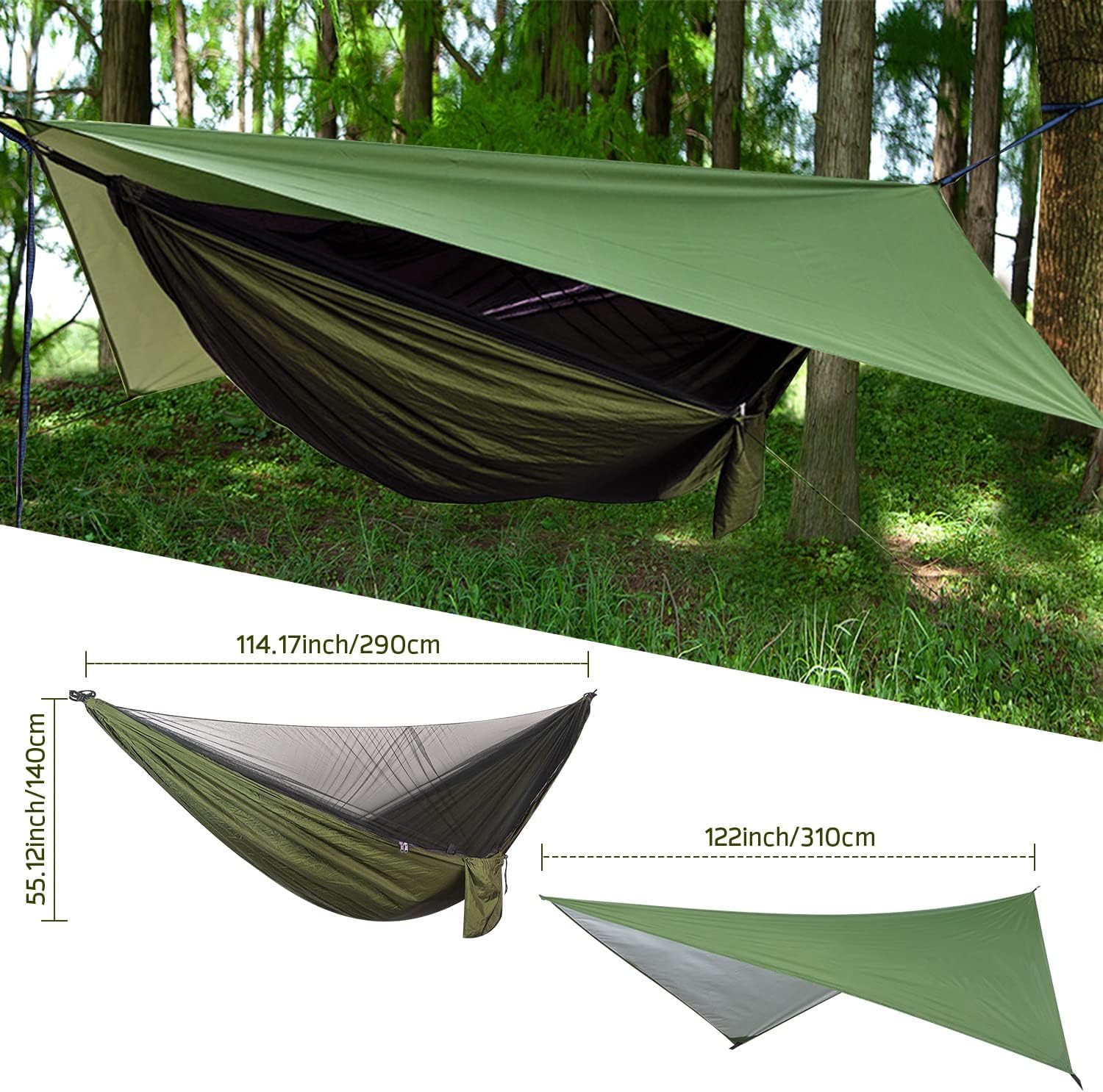 OTraki Hängematte Outdoor mit Tarp Moskitonetz, 290 x 140cm Ultraleicht Reise Camping Hammock Hängematten 200kg Last Kapazität für Wandern, Reisen, Garten, Terrasse | Leichte Tragbare Pop-Up Nylon Hängematte mit Gurten 200 kg Tragkraft für Reisen Outdoor