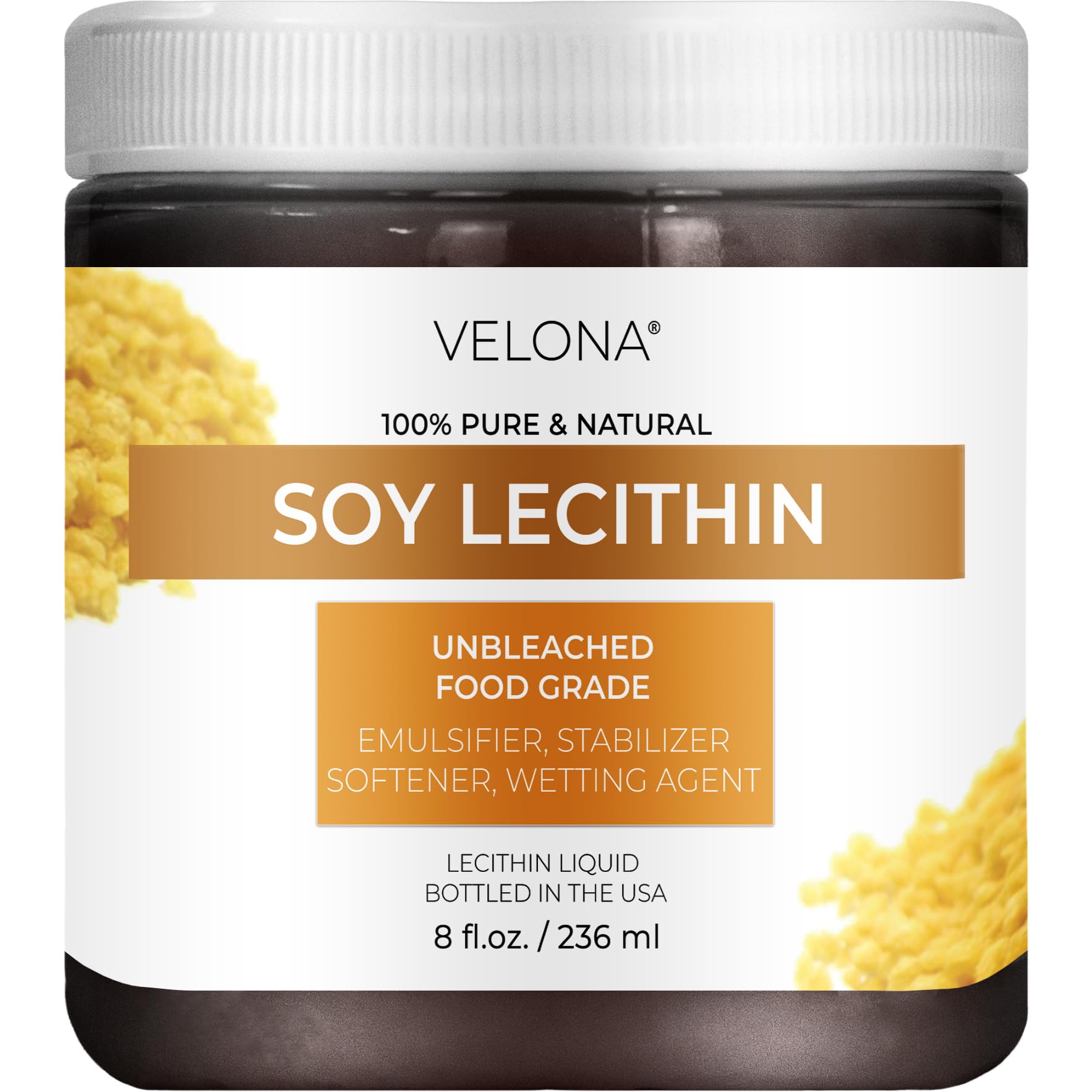 velonaPure Liquid Soy Lecithin 8 oz | Food Grade | Unbleached| Emulsifier, Stabilizer, Softener, Smoother, Wetting Agent | Use Today - Enjoy Results