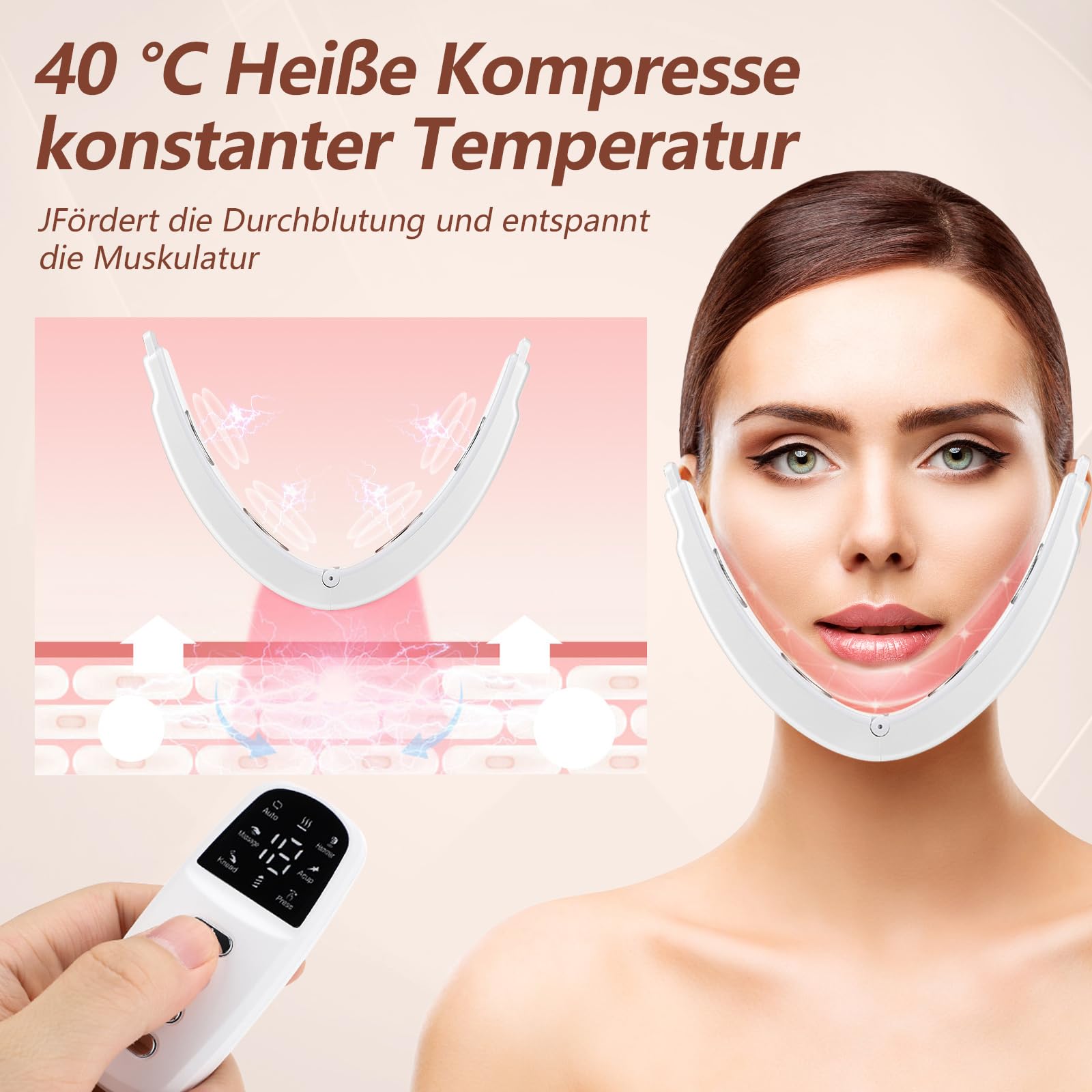 Elektrisches V-Face Shaping Massager, EMS Facelifting Gerät Weiß mit 6 Modi 18 Intensitätsstufen, Doppelkinn Entferner mit Fernbedienung, Gesichtsmassagegerät für Schlanke Kieferlinie