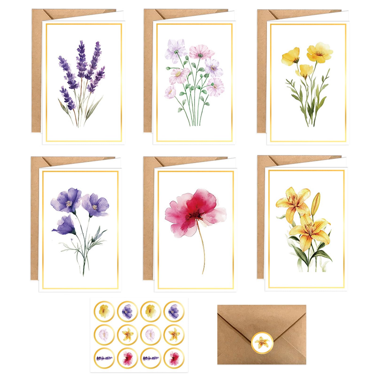 Blank Cards and Envelopes – 24 Pack Floral Blank Greeting Cards with Envelopes & Stickers, 6 Elegant Flower Designs, Gold Frame Stationery Set for Thank You Notes, Wedding, Birthday & Invitations