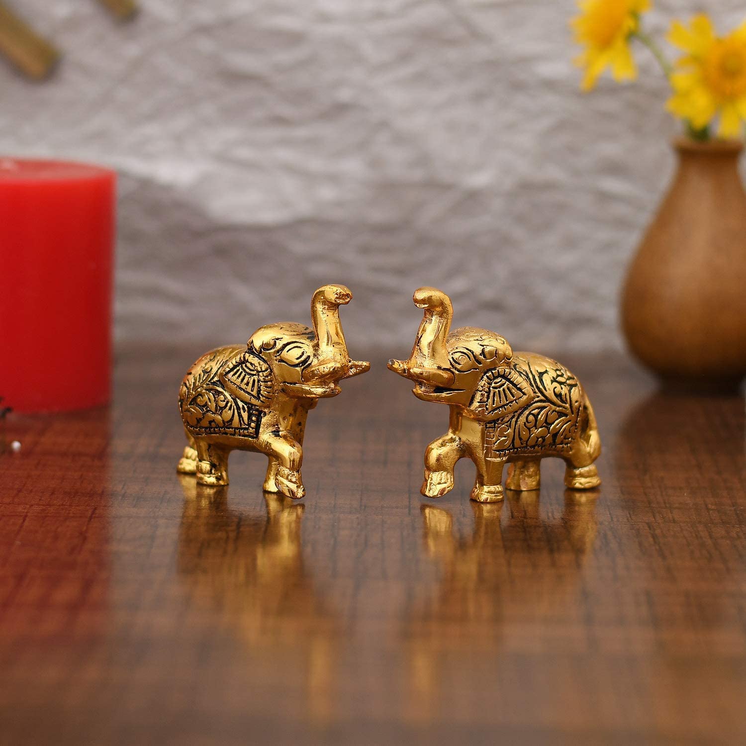 Denique Metal Elephant Trunk Up Showpiece Decorative Items Figurine for Home Decoration Gold Plated Statue Home/Office Table Living Room Decor.Pack of 2 pcs Set