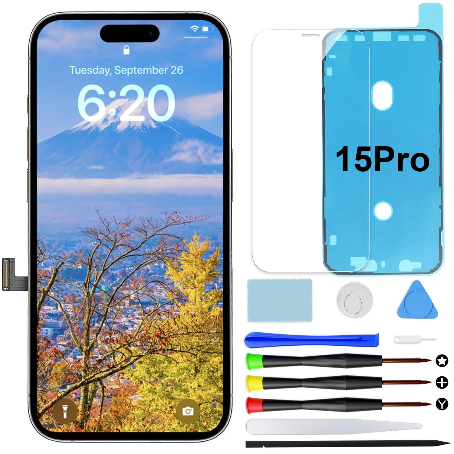 GOLDWANGWANG Display per iPhone 15 PRO, Schermo LCD Full HD 6,1" Touch Screen Digitizer Parti di Ricambio con Kit di Riparazione e Protezione Schermo