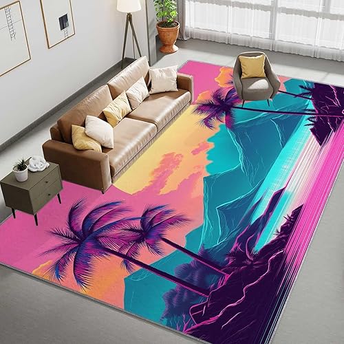 Miniatura 4 de Alfombras de estilo palmeras Sun Synthwave para sala de estar, alfombra lavable morada, alfombra suave y esponjosa, antideslizante, decoración para