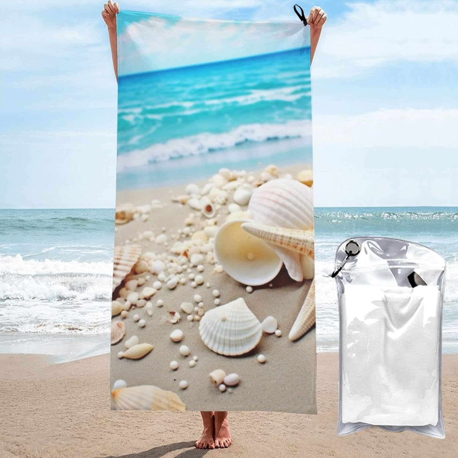 KHiry Microfiber Towel Beach Towels Beach Seashells Starfish Quick Dry Towel Soft Lightweight Travel Towels Absorbent Large Easy Pack Travel Things Beach Blanket for Gym Sports Swimming