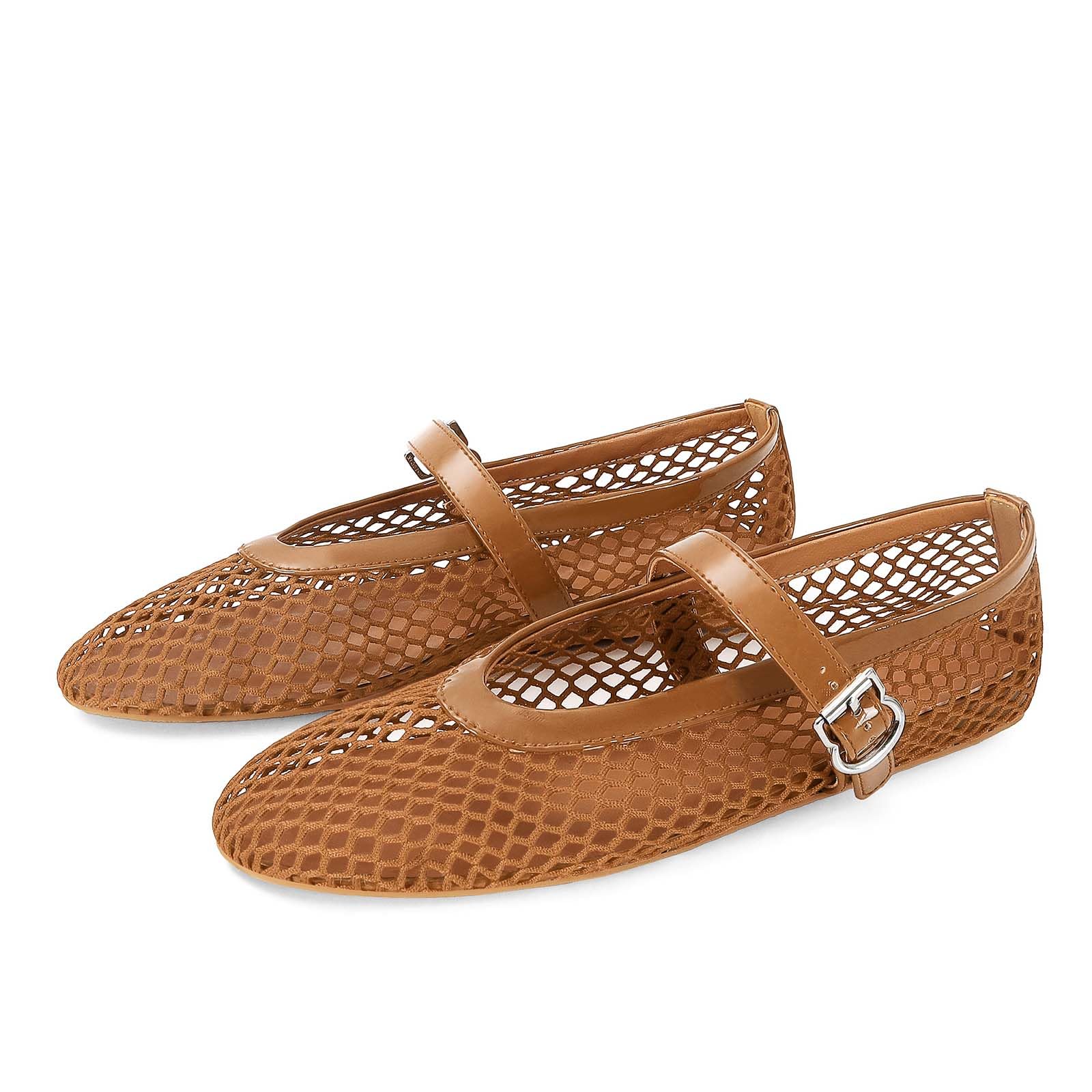 MICIFAWomen's Mesh Ballet Flats Fishnet Ballerina Flats Buckle Strap Mary Jane Flats Causal Daily Dress Shoes