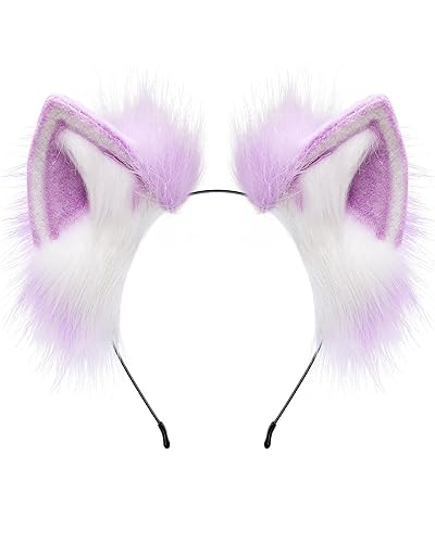 BNLIDES Handmade Fur Fox Wolf Cat Ears Headwear Women Men Cosplay Costume Party Cute Head Accessories for Halloween - Purple White