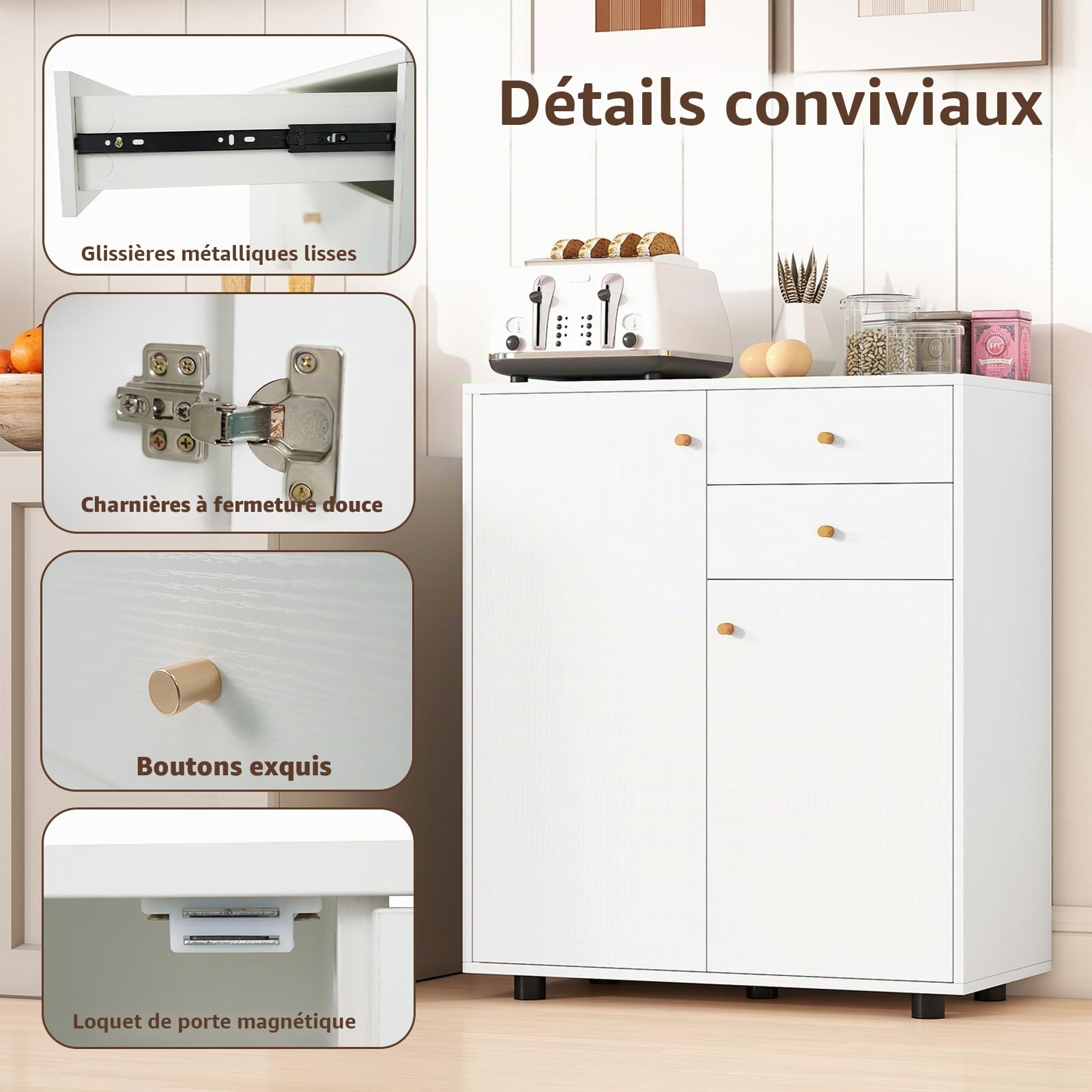 KOMFOTTEU Buffet Bas avec 2 Armoire à Porte, Meuble Rangement, 3 Étagère réglable, Armoire de Cuisine avec Kit Anti-basculement, pour Salon, Salle à Manger, Chambre, 74 x 35 x 85,5 cm (Blanc)