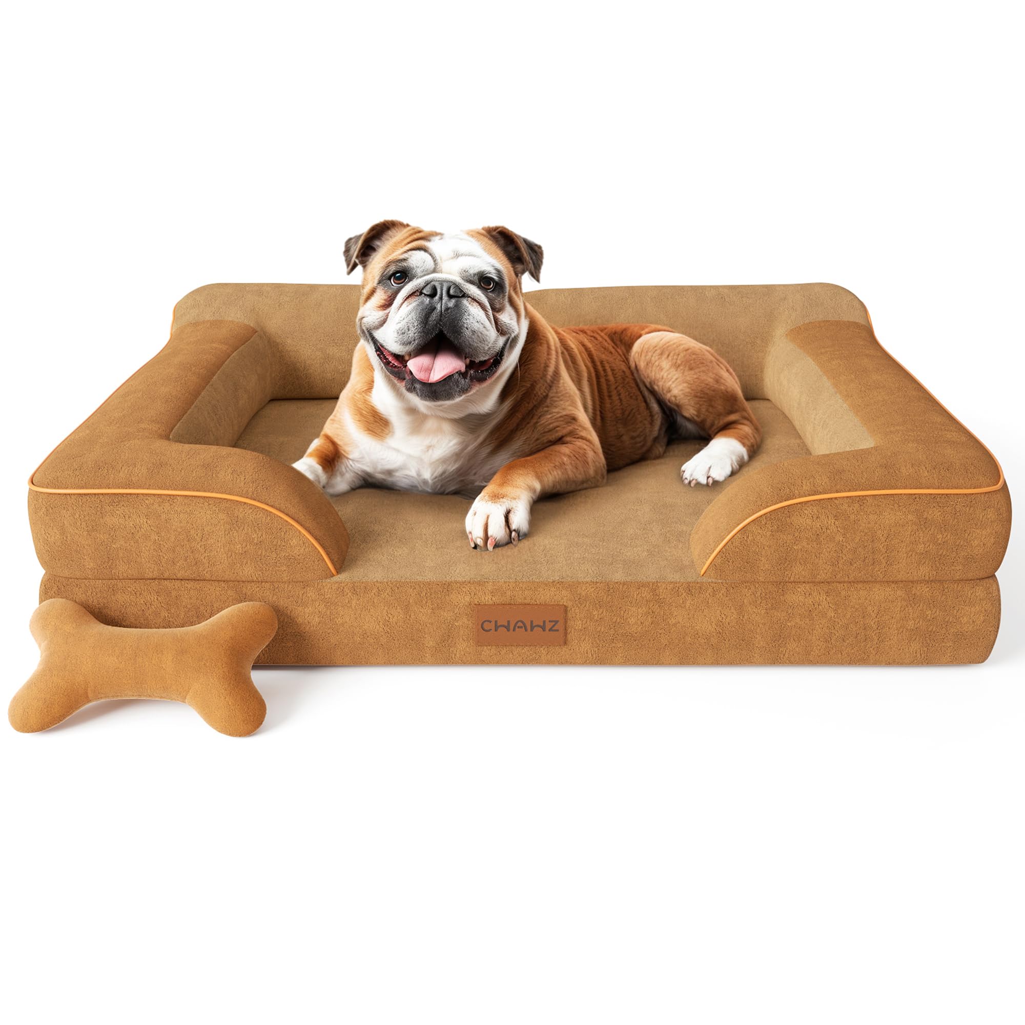 CWAWZ Dog Beds for Large Dogs, Orthopedic Dog Bed with Cooling Gel Memory Foam, Waterproof Large Pet Bed with Removable Washable Cover, 36" Pet Sofa Couch Dutch Velvet with Bone Toy, Brown