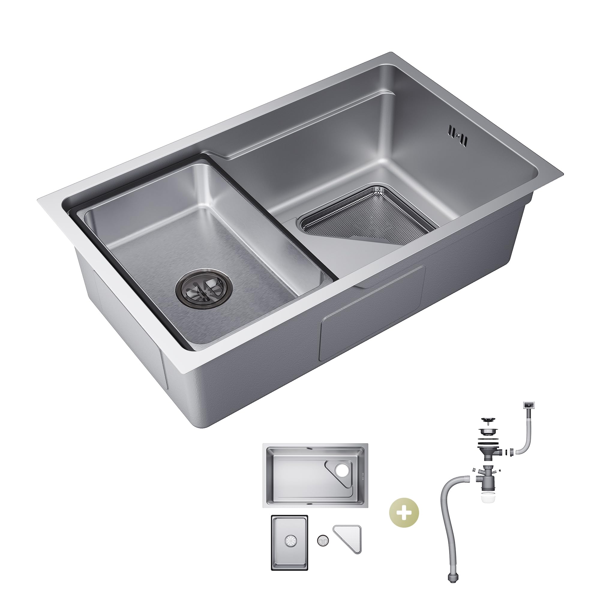 SIRHONA Evier Cuisine en Acier Inoxydable 70x48cm, avec Panier égouttoir, Passoire triangle, Lavabo Cuisine pour Meubles, avec Dernier Siphon et Trop-plein, Argent