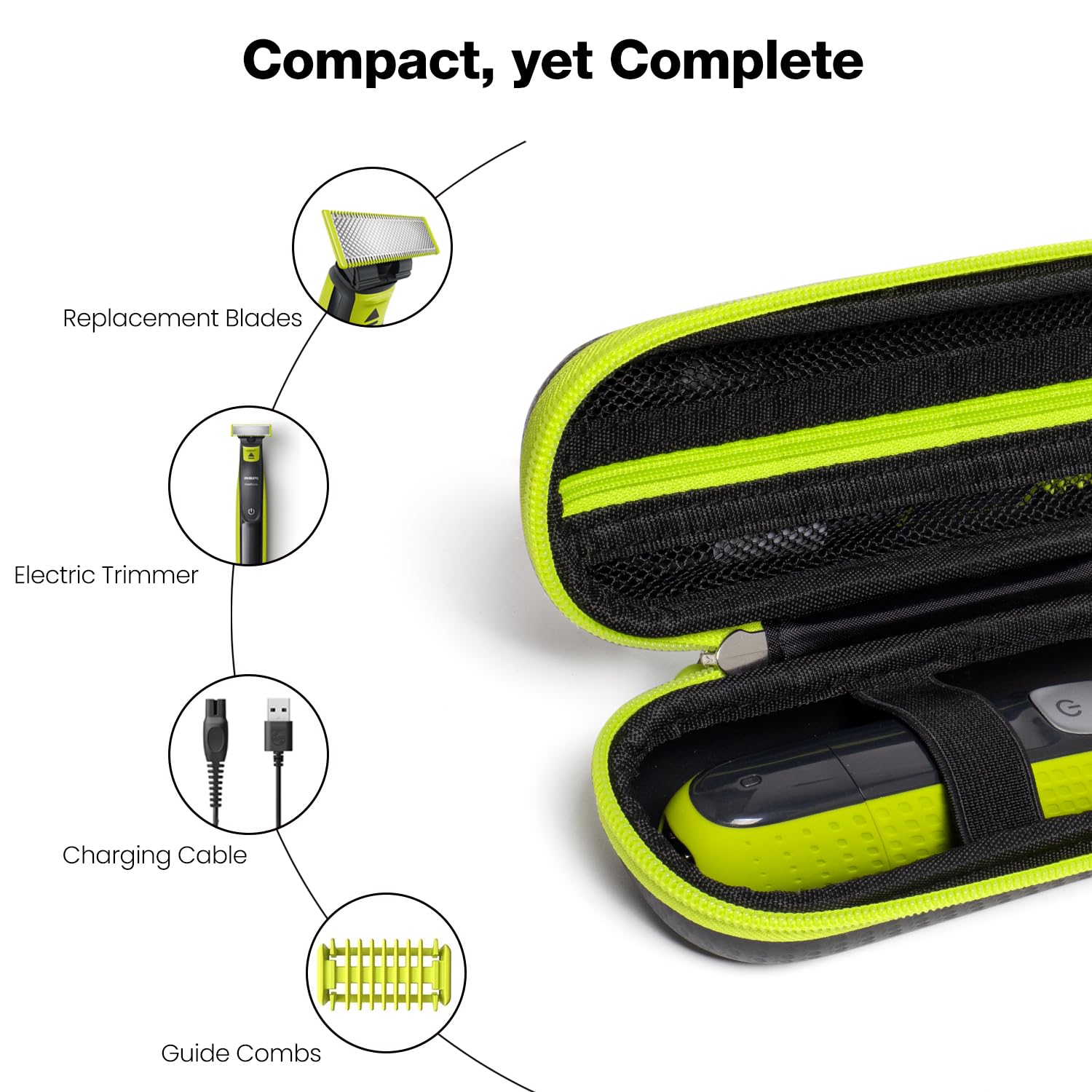 Nincha Custodia da Viaggio per Rifinitore e Rasoio Elettrico Ibrido adattata per Philips, Groomer per Viso + Corpo QP2724/90, QP2834/70, QP1924/70, QP6531/70, QP4631/90，Nero&Verde Lime