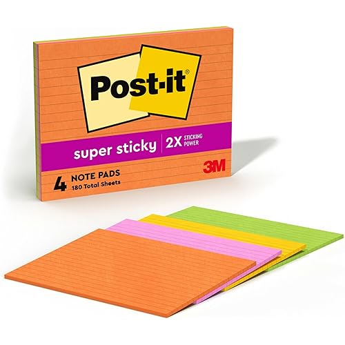 Post-it Super Sticky Lined Notes, 4 Sticky Note Pads, 8 x 6 in., School Supplies, Office Products, Sticky Notes for Vertical Surfaces, Monitors, Walls and Windows, Energy Boost Collection