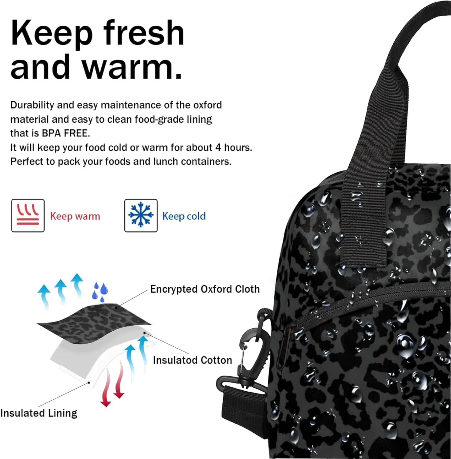 cfpolar Black Leopard Print Insulated Lunch Bag for Women, Animal Leopard Leakproof Cooler Tote Bag Thermal Lunch Box Meal Prep Bags with Adjustable Shoulder Strap for Work, Beach, Picnic Outdoor
