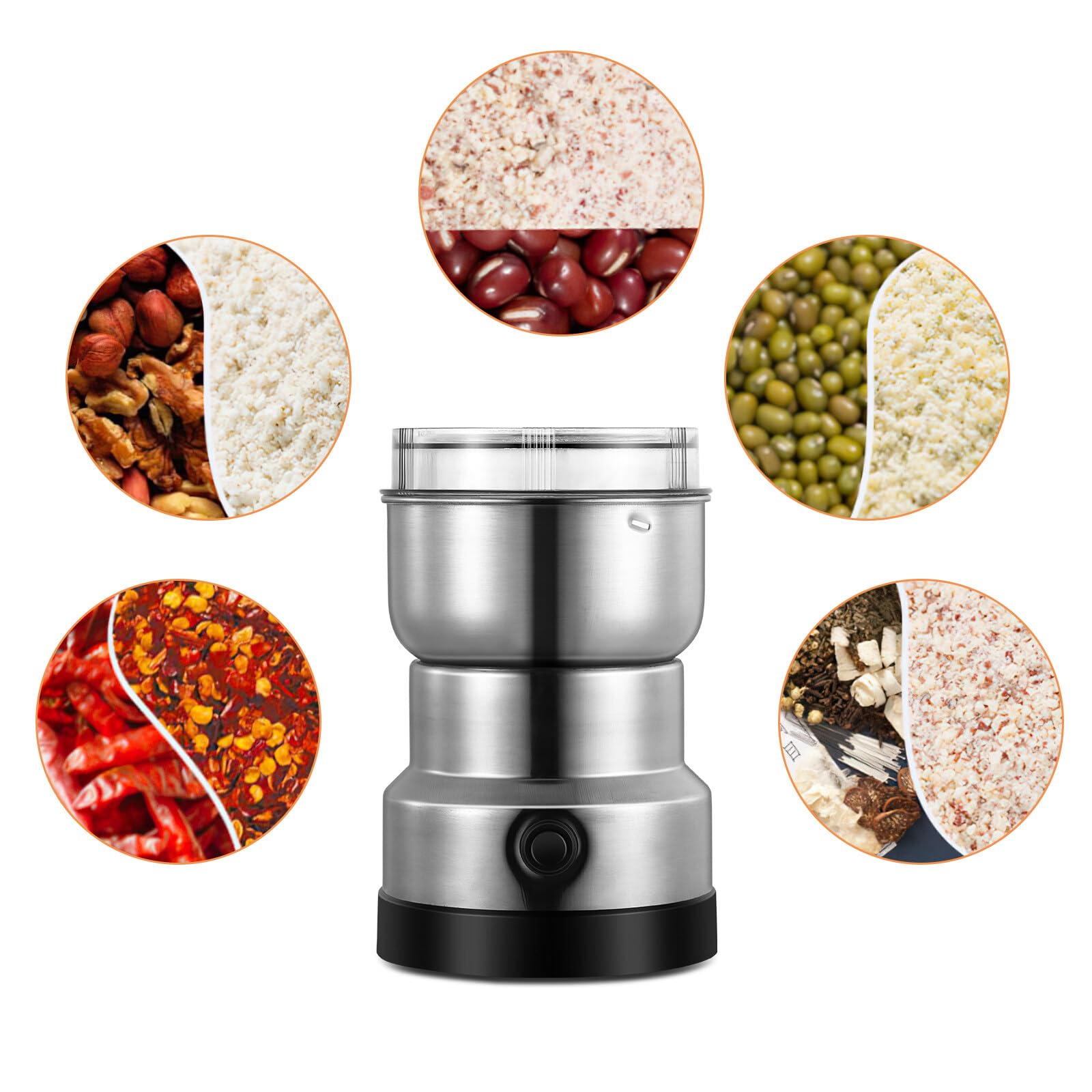 Moulin à grains, multifonctionnel, moulin à grains 150 W, moulin en acier inoxydable, petit récipient en poudre de café, broyeur domestique pour ingrédients secs, épices, herbes, café (argent)