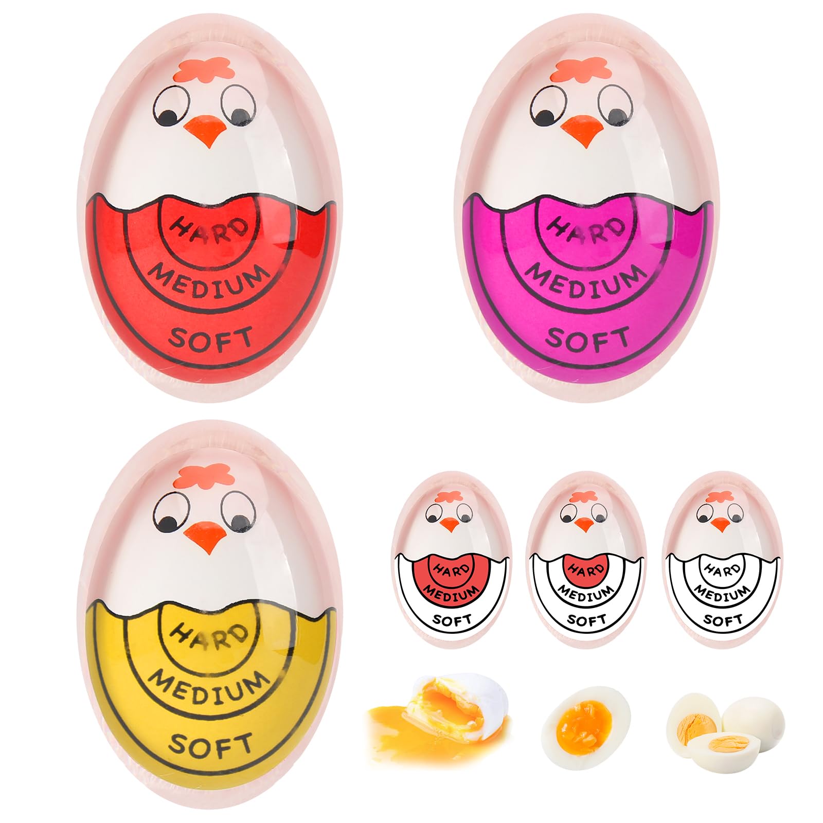 VOSSOT 3 szt. Timer do jajek na jajka z funkcją zmiany koloru, idealne gotowanie jajek, bezpieczny silikon, zabawny design z kurczakiem - rodzinny zegar do jaj, dzieci, śniadanie