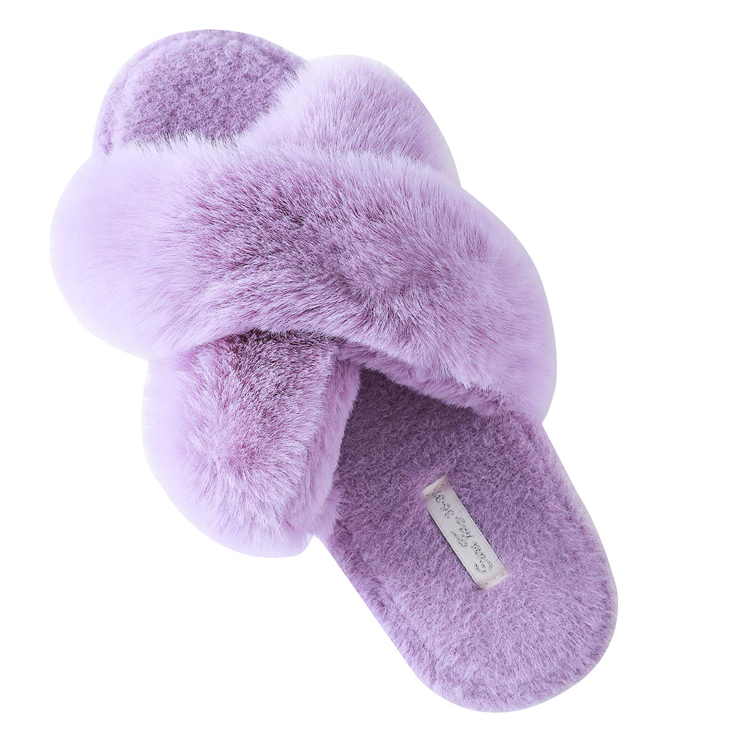 Women Open Toe Slippers Plush Cross Band Fleece Fluffy Memory Foam House Shoes